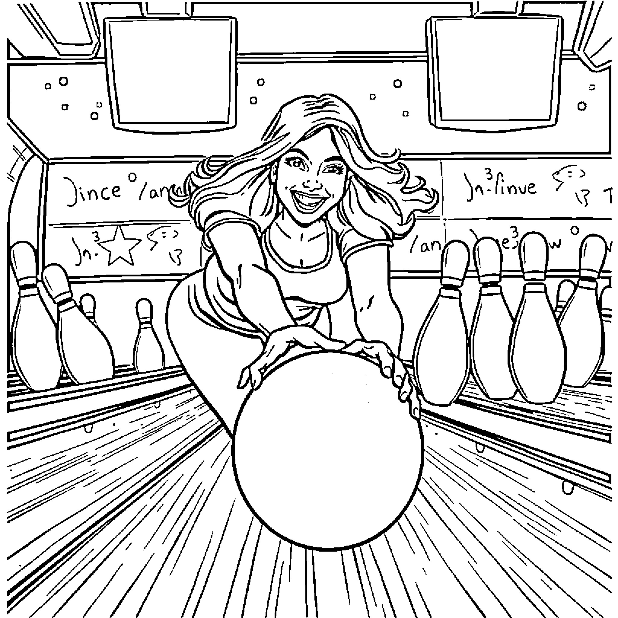 Woman bowling with enthusiasm at the lanes Coloring Page (free black-and-white line drawing printable PDF for all, from beginners to advanced learners, including children, teens, adults, and seniors)