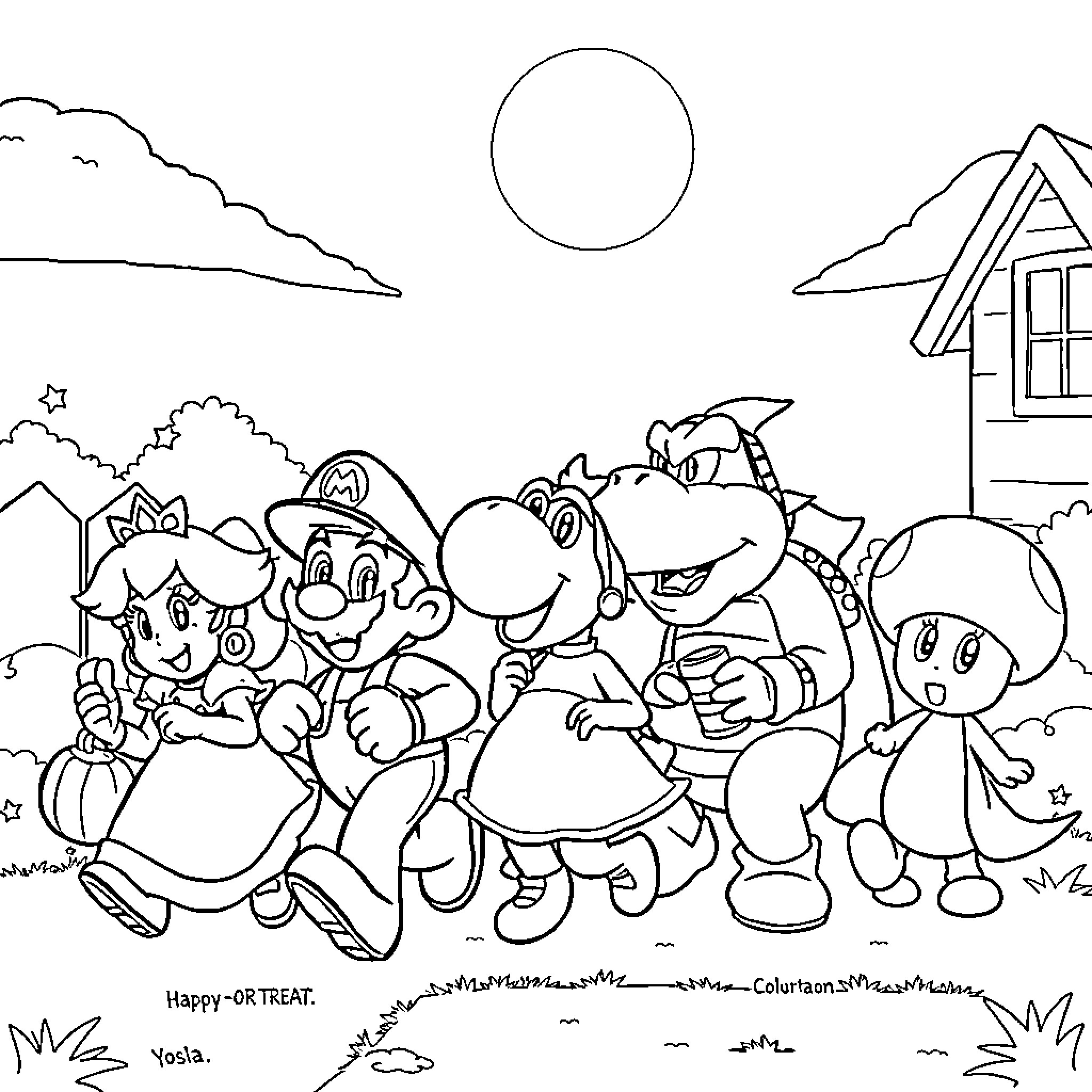 Mario and friends enjoy a festive outdoor scene Coloring Page (free black-and-white line drawing printable PDF for all, from beginners to advanced learners, including children, teens, adults, and seniors)