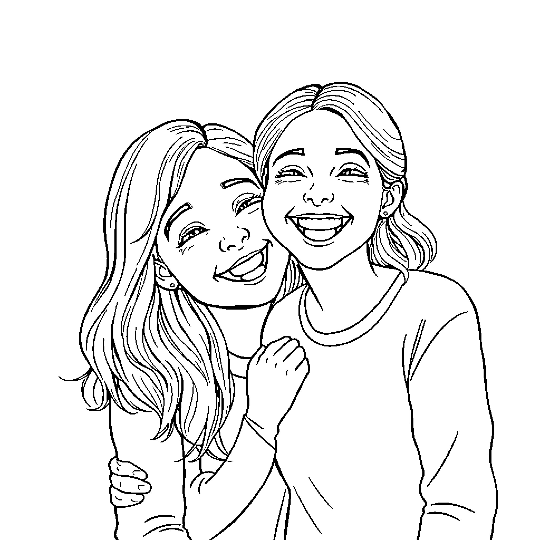 Mother and Daughter Joyfully Embracing Coloring Page (free black-and-white line drawing printable PDF for all, from beginners to advanced learners, including children, teens, adults, and seniors)