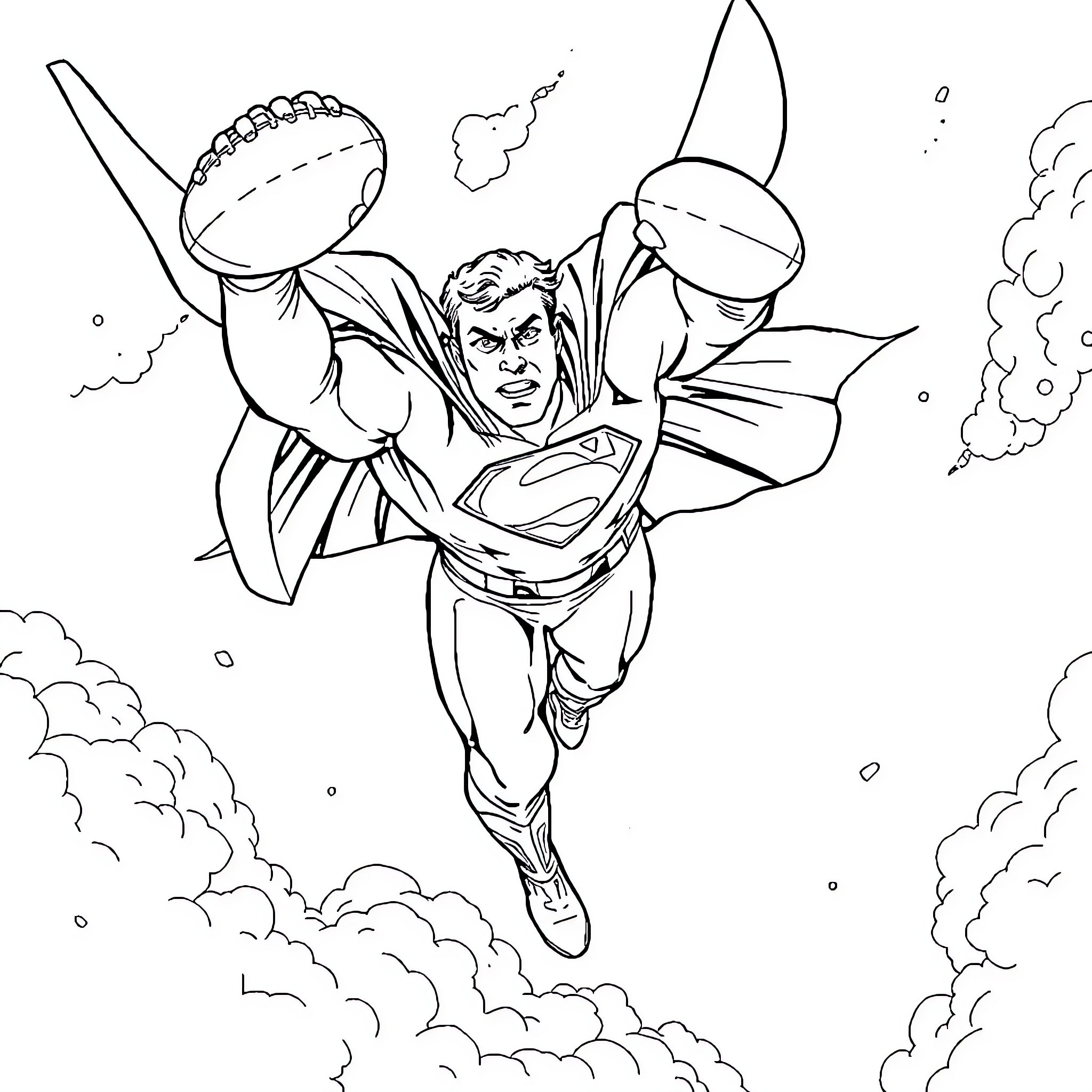 Superman soaring through the sky with power Coloring Page (free black-and-white line drawing printable PDF for all, from beginners to advanced learners, including children, teens, adults, and seniors)