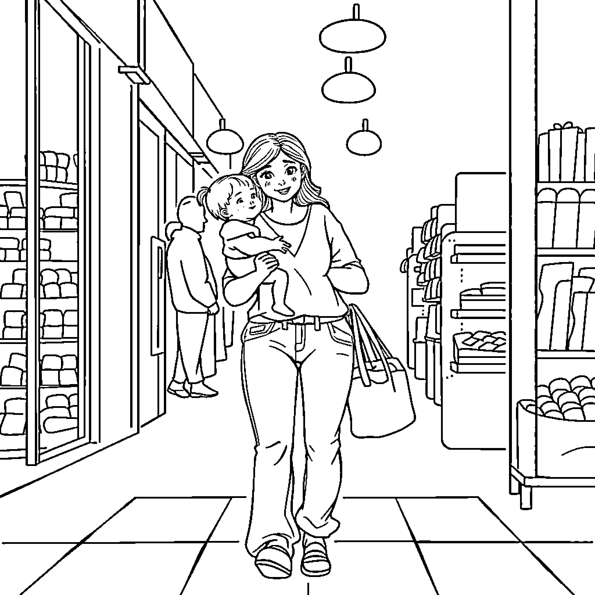 Mommy's Tender Embrace in the Grocery Aisle Coloring Page (free black-and-white line drawing printable PDF for all, from beginners to advanced learners, including children, teens, adults, and seniors)