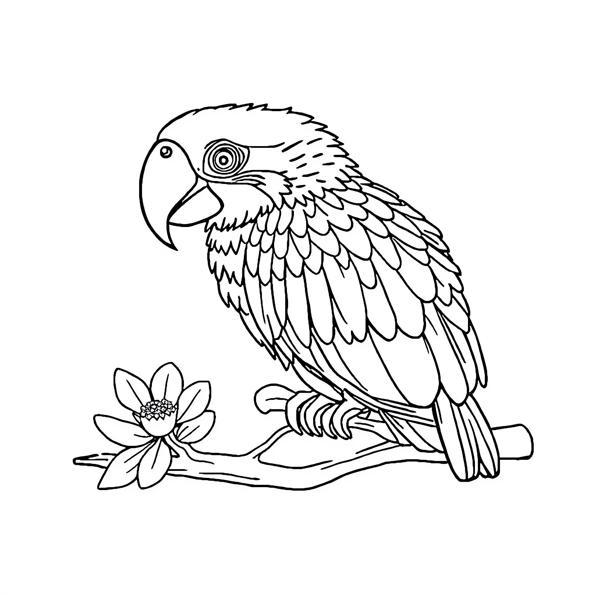 Animal parrot perched on flower Coloring Page (free black-and-white line drawing printable PDF for all, from beginners to advanced learners, including children, teens, adults, and seniors)