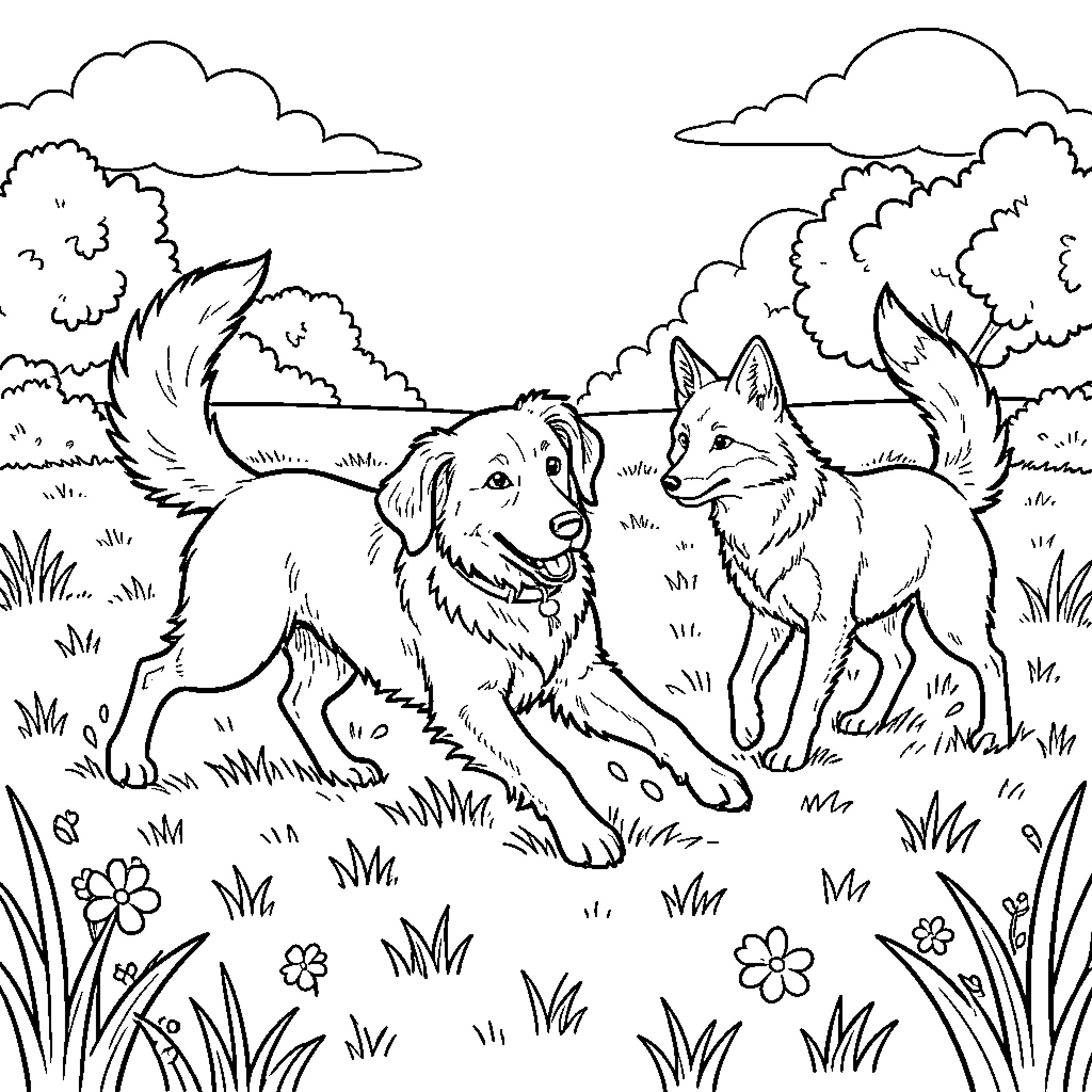 Dog running playfully through a grassy meadow Coloring Page (free black-and-white line drawing printable PDF for all, from beginners to advanced learners, including children, teens, adults, and seniors)