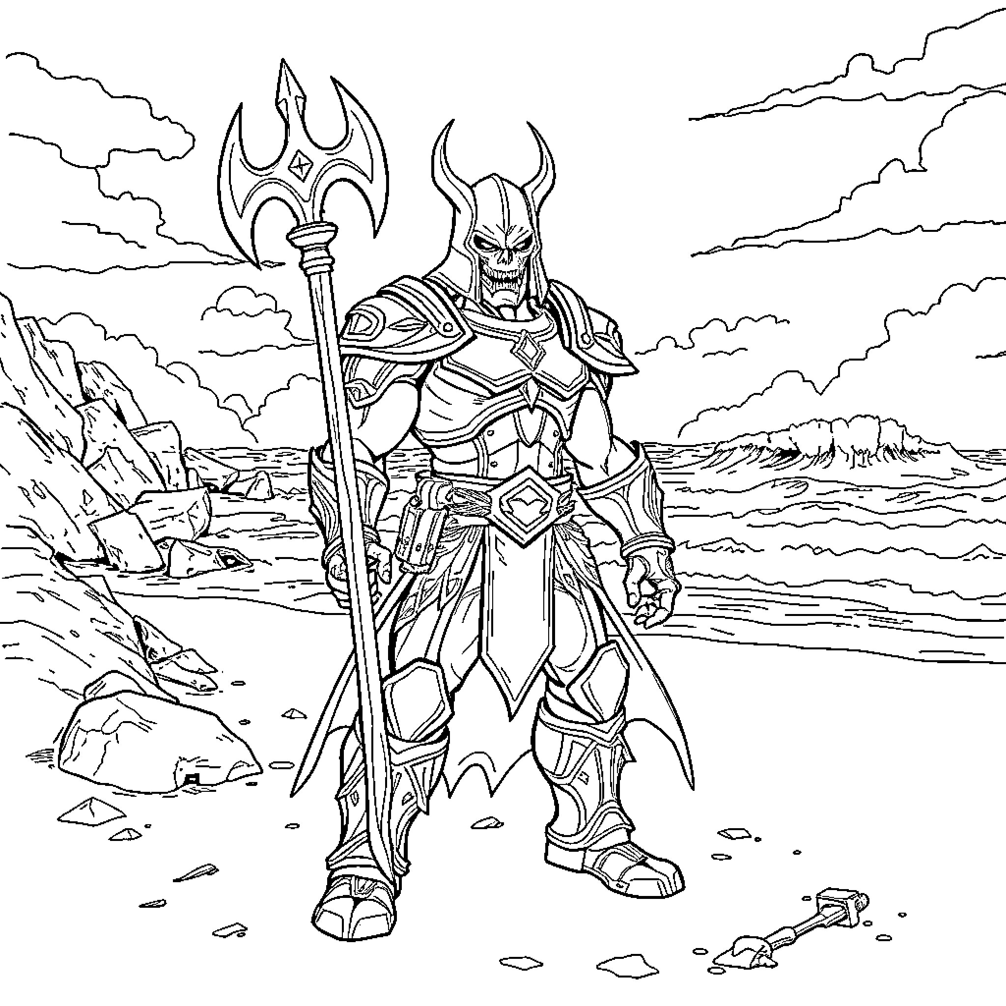 Doomslayer confronts the forces of evil in a barren landscape Coloring Page (free black-and-white line drawing printable PDF for all, from beginners to advanced learners, including children, teens, adults, and seniors)