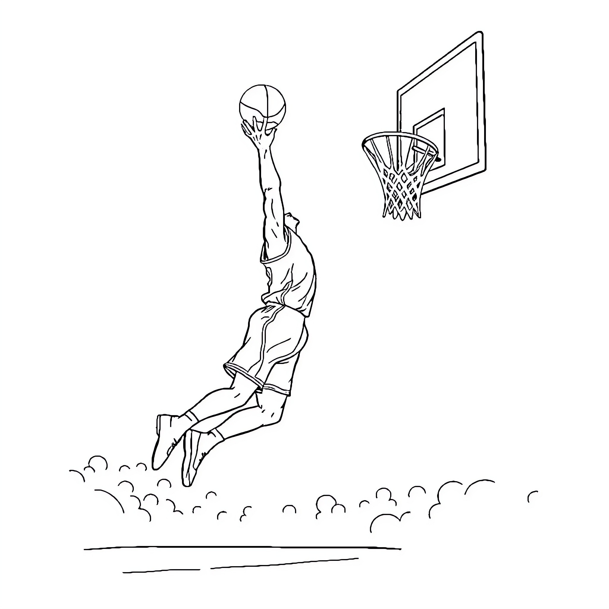 Basketball Player Dunking the Ball Coloring Page (free black-and-white line drawing printable PDF for all, from beginners to advanced learners, including children, teens, adults, and seniors)