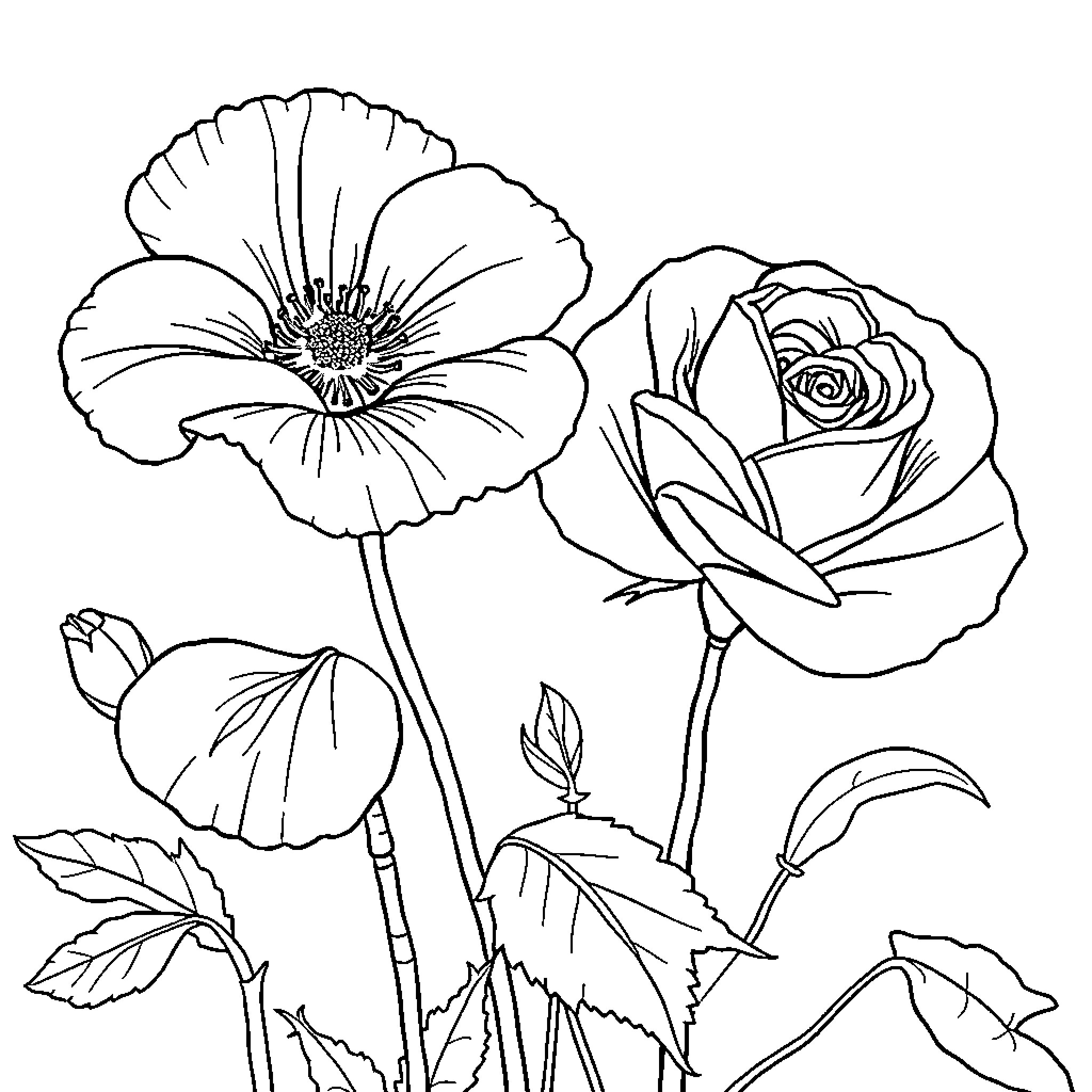 Flower bouquet in artistic black and white Coloring Page (free black-and-white line drawing printable PDF for all, from beginners to advanced learners, including children, teens, adults, and seniors)