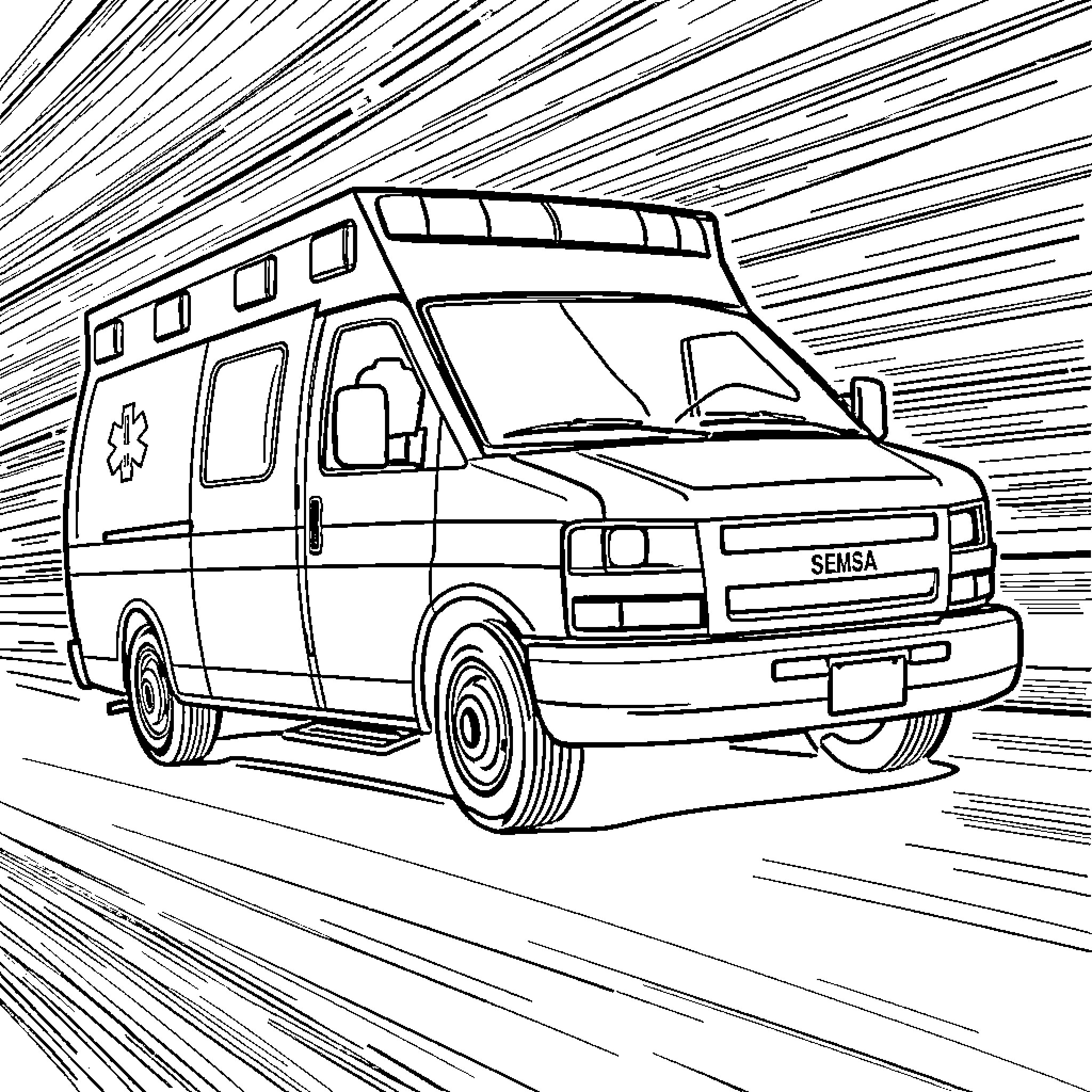 Ambulance speeding through city streets Coloring Page (free black-and-white line drawing printable PDF for all, from beginners to advanced learners, including children, teens, adults, and seniors)