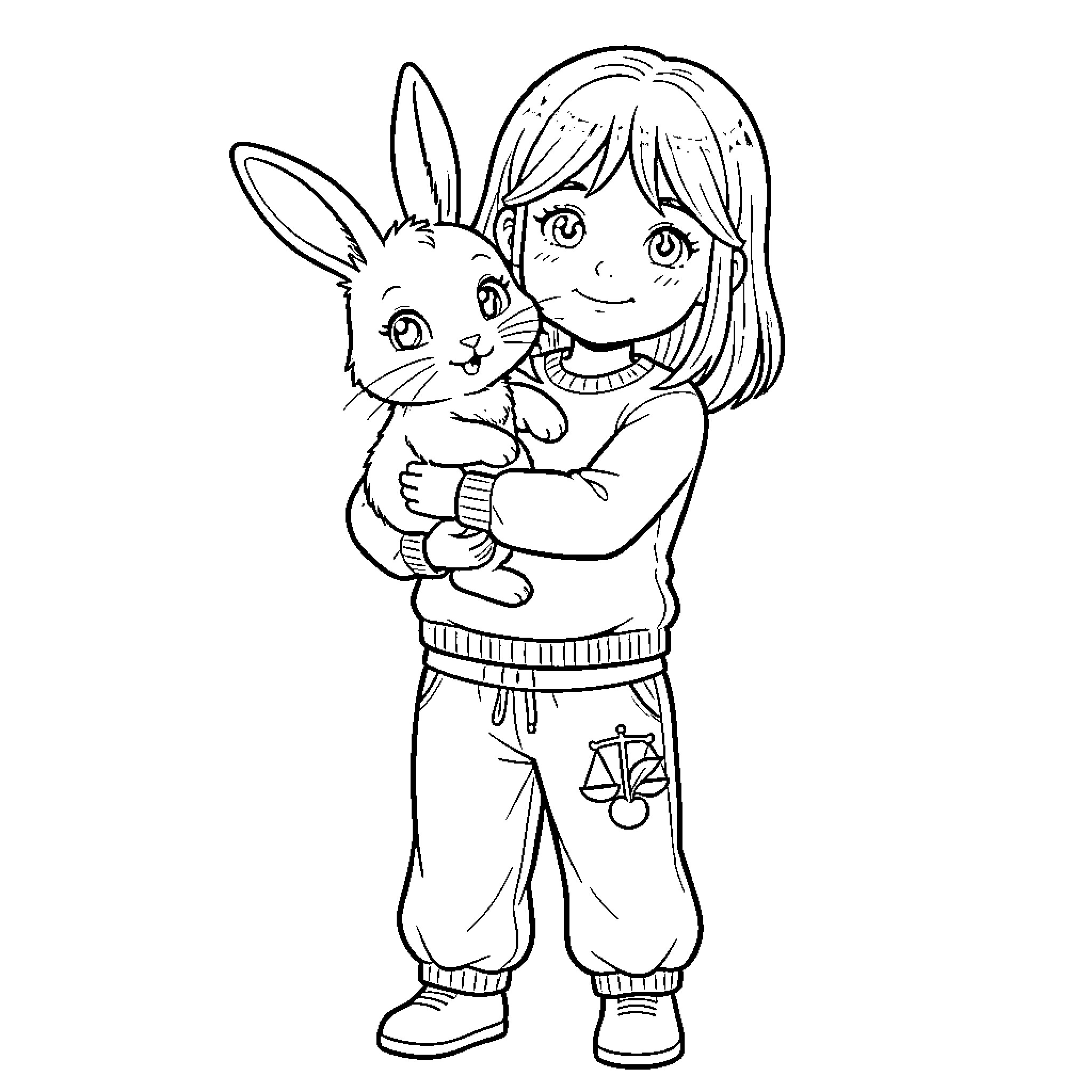 Rabbit being hugged by a smiling young girl Coloring Page (free black-and-white line drawing printable PDF for all, from beginners to advanced learners, including children, teens, adults, and seniors)