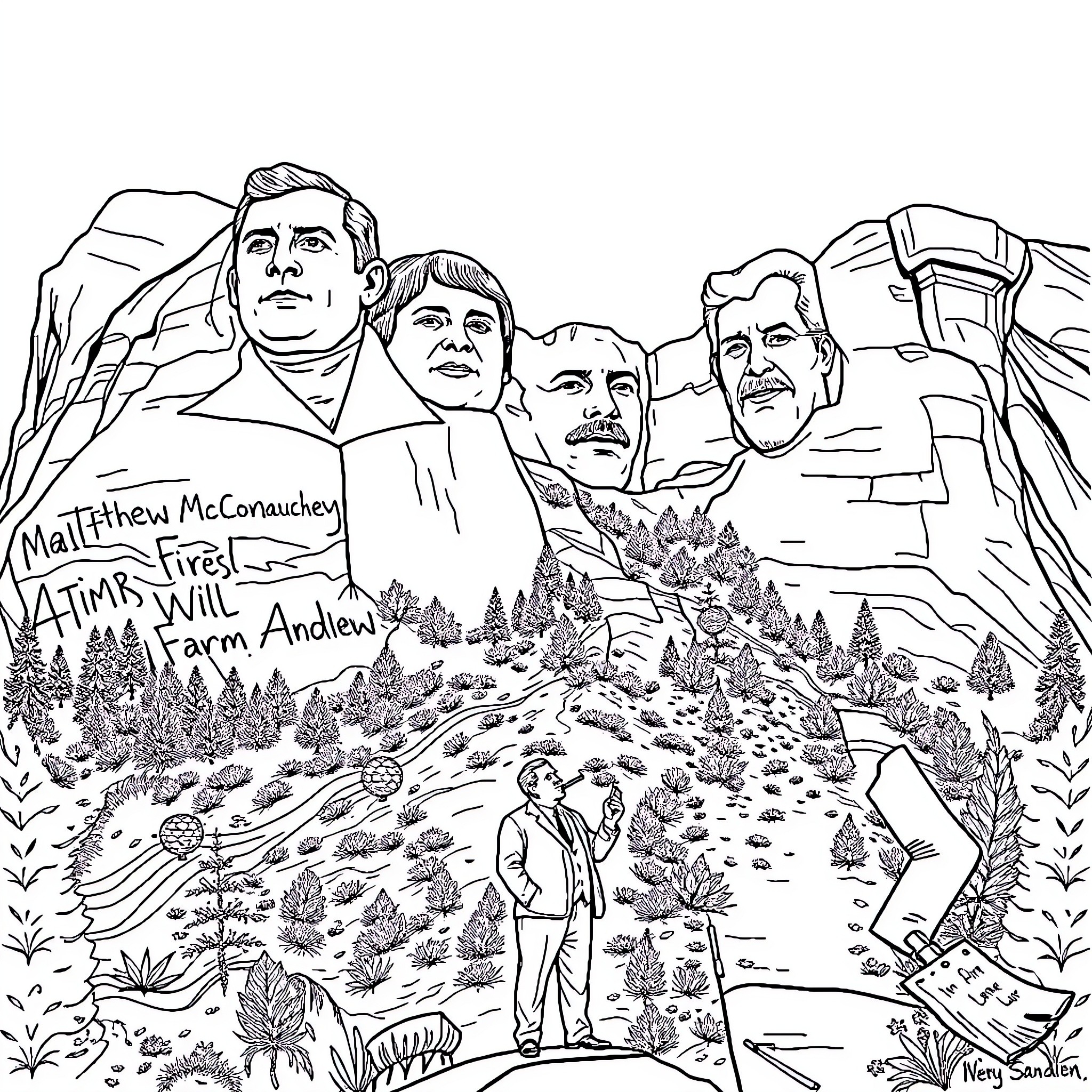Mount Rushmore with Hikers and Scenic Landscape Coloring Page (free black-and-white line drawing printable PDF for all, from beginners to advanced learners, including children, teens, adults, and seniors)