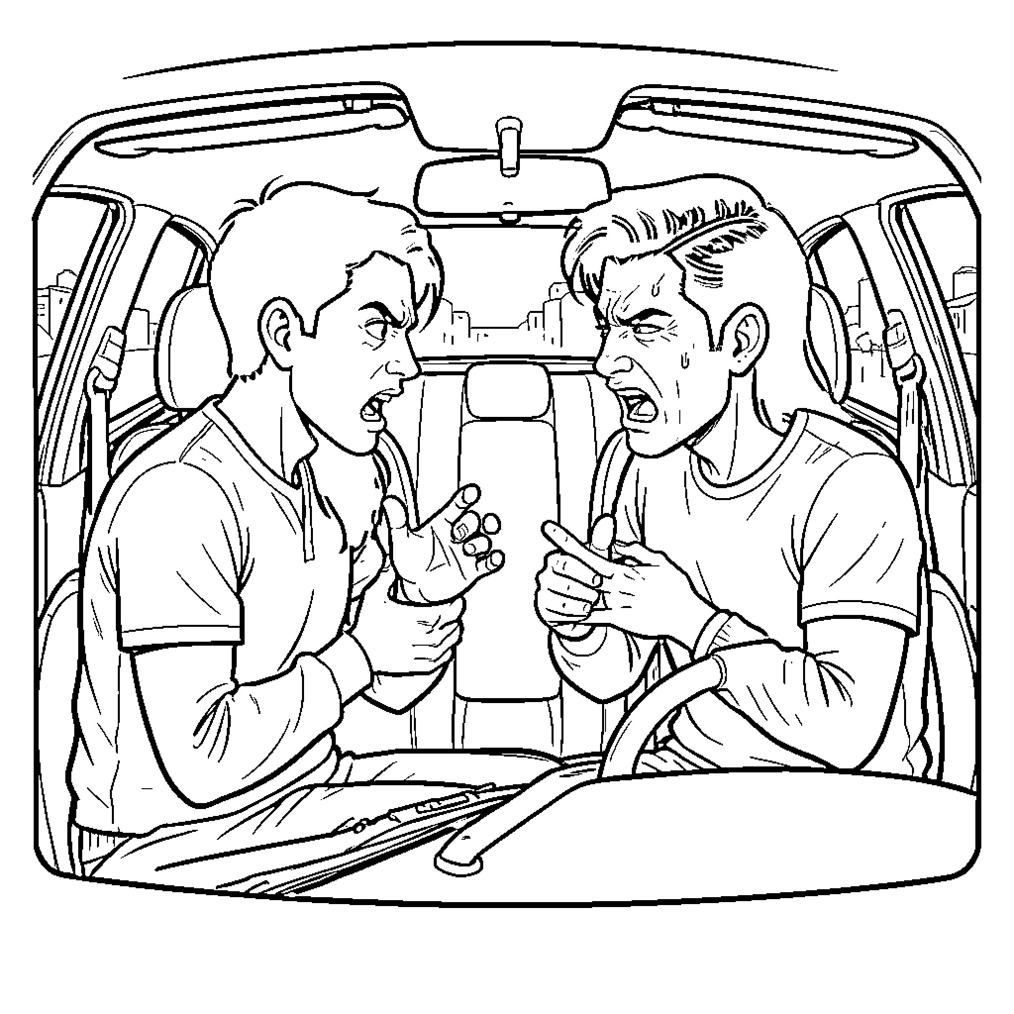 Couple arguing heatedly while sitting inside a car Coloring Page (free black-and-white line drawing printable PDF for all, from beginners to advanced learners, including children, teens, adults, and seniors)