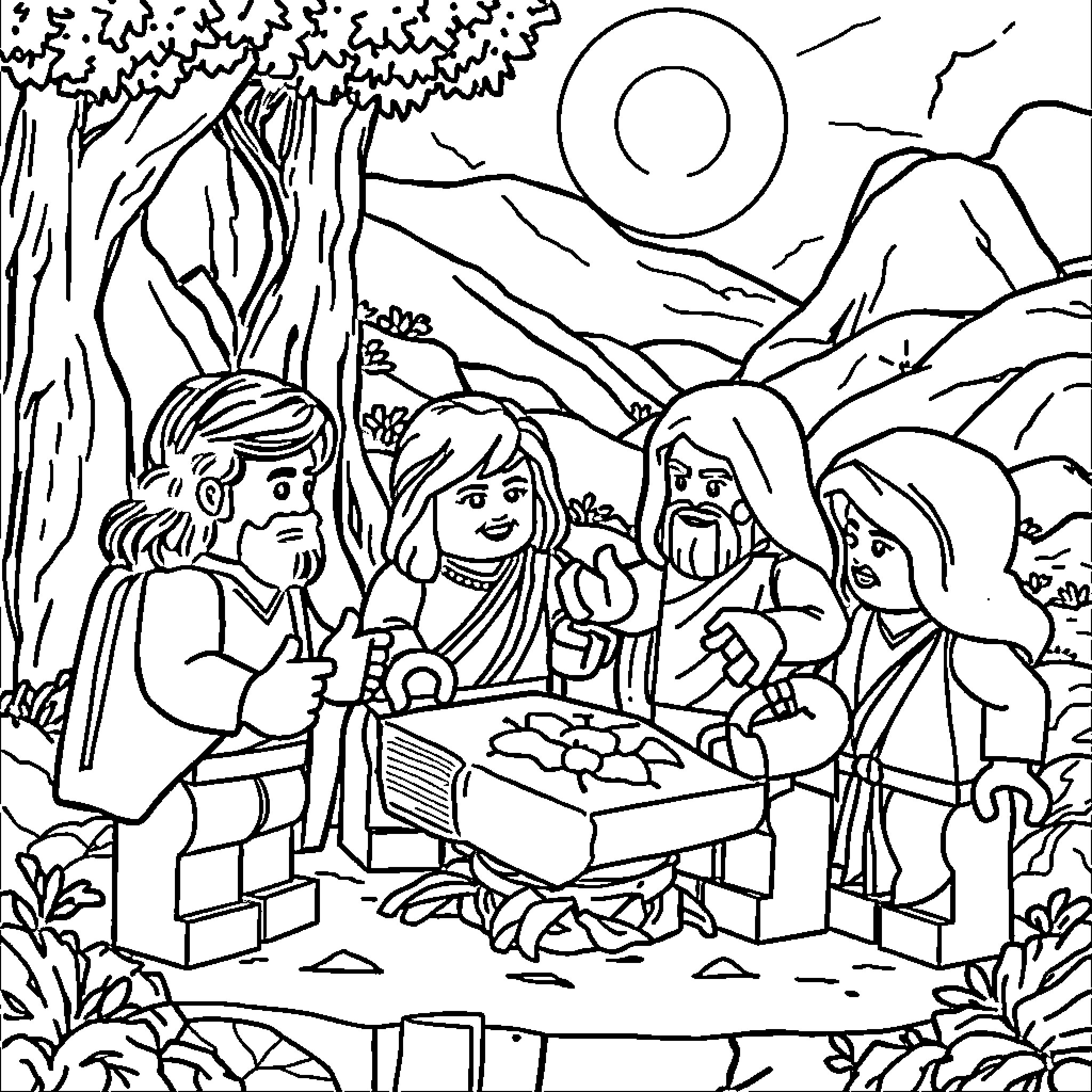 Lego Family Camping in the Wilderness Coloring Page (free black-and-white line drawing printable PDF for all, from beginners to advanced learners, including children, teens, adults, and seniors)