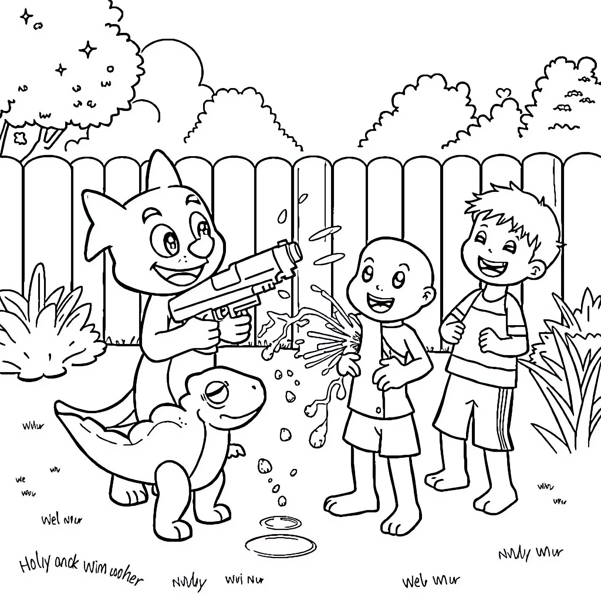 Bluey and friends enjoying outdoor playtime Coloring Page (free black-and-white line drawing printable PDF for all, from beginners to advanced learners, including children, teens, adults, and seniors)