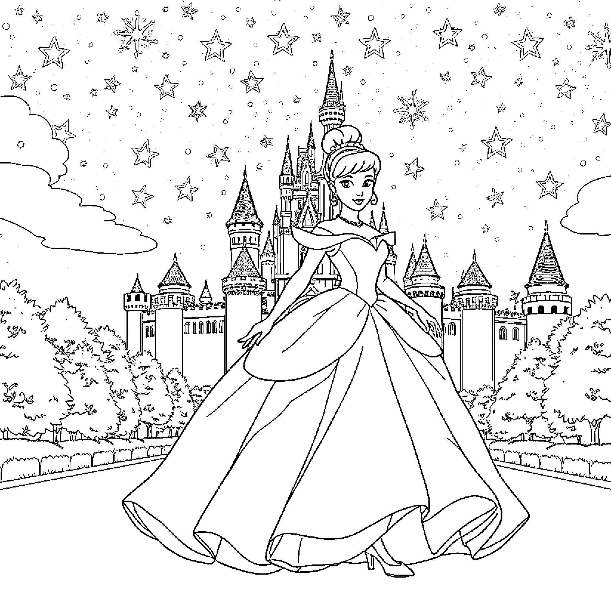 Cinderella in a Magical Castle Scene Coloring Page (free black-and-white line drawing printable PDF for all, from beginners to advanced learners, including children, teens, adults, and seniors)