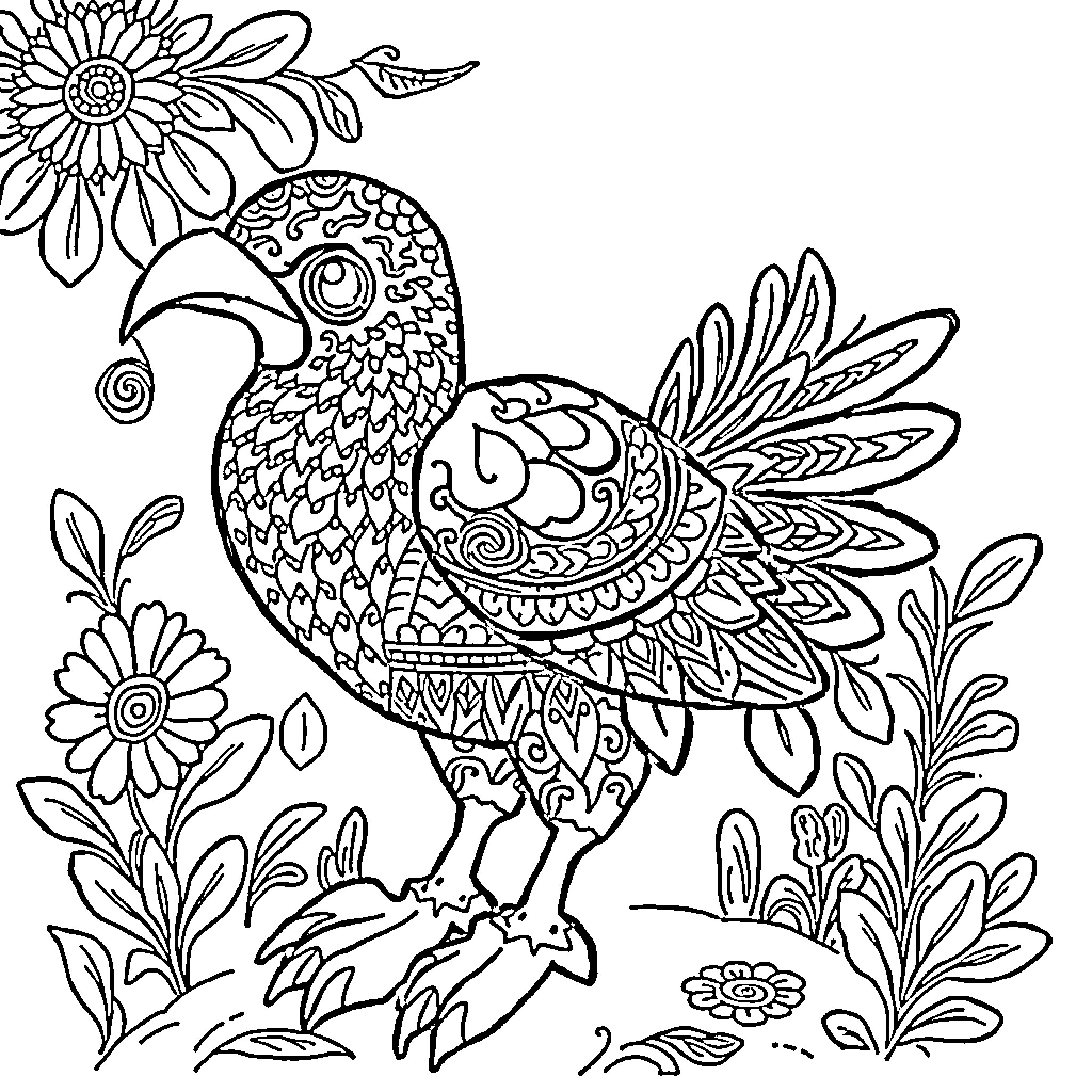 Labubu's Ornate Rooster in Floral Meadow Coloring Page (free black-and-white line drawing printable PDF for all, from beginners to advanced learners, including children, teens, adults, and seniors)