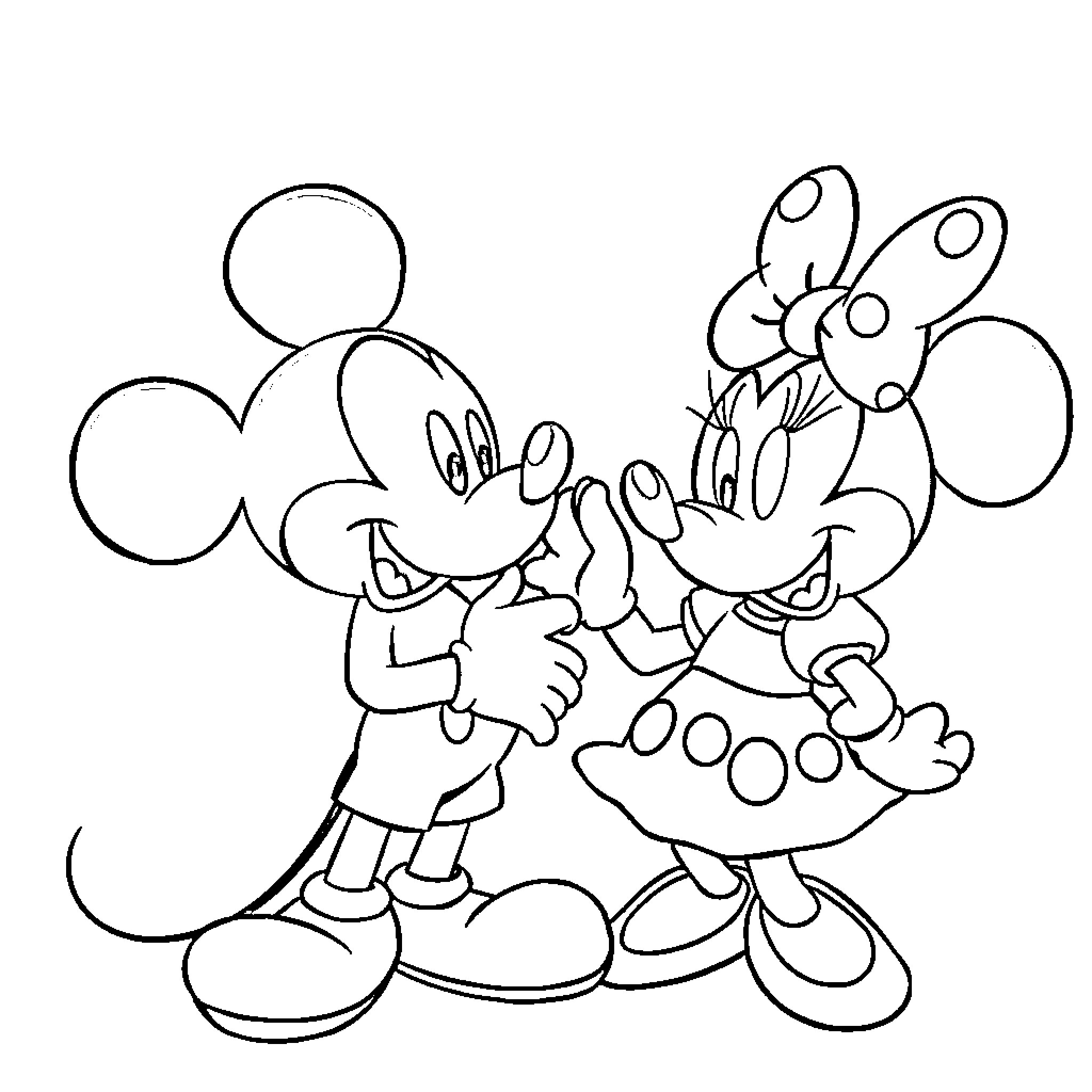 Mickey and Minnie enjoying playful embrace Coloring Page (free black-and-white line drawing printable PDF for all, from beginners to advanced learners, including children, teens, adults, and seniors)