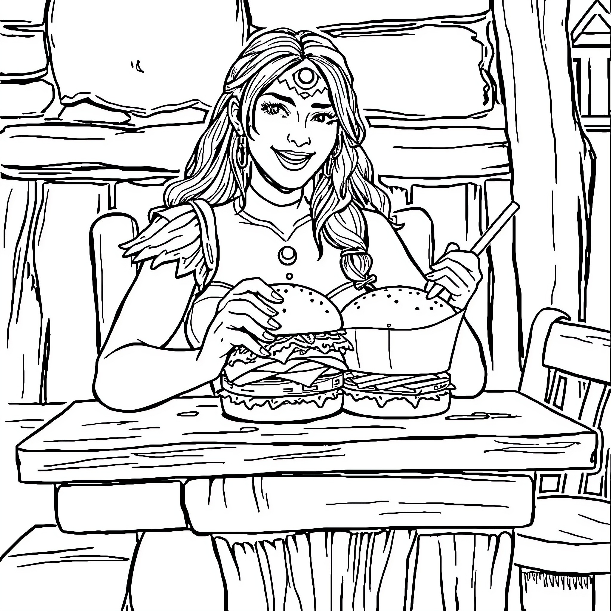 Xena enjoying a hearty meal at the tavern Coloring Page (free black-and-white line drawing printable PDF for all, from beginners to advanced learners, including children, teens, adults, and seniors)