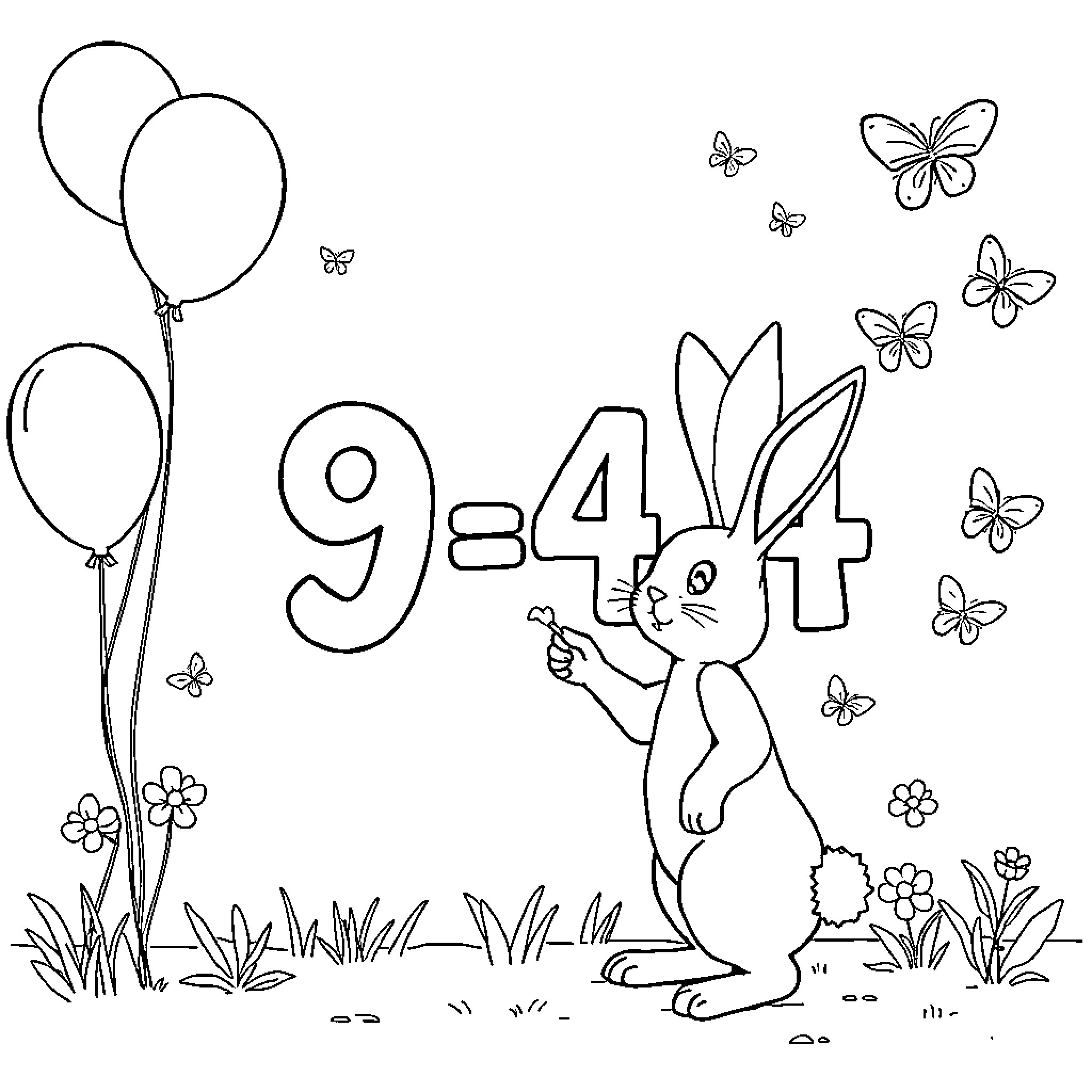 Rabbit solving math problem with balloons and butterflies Coloring Page (free black-and-white line drawing printable PDF for all, from beginners to advanced learners, including children, teens, adults, and seniors)
