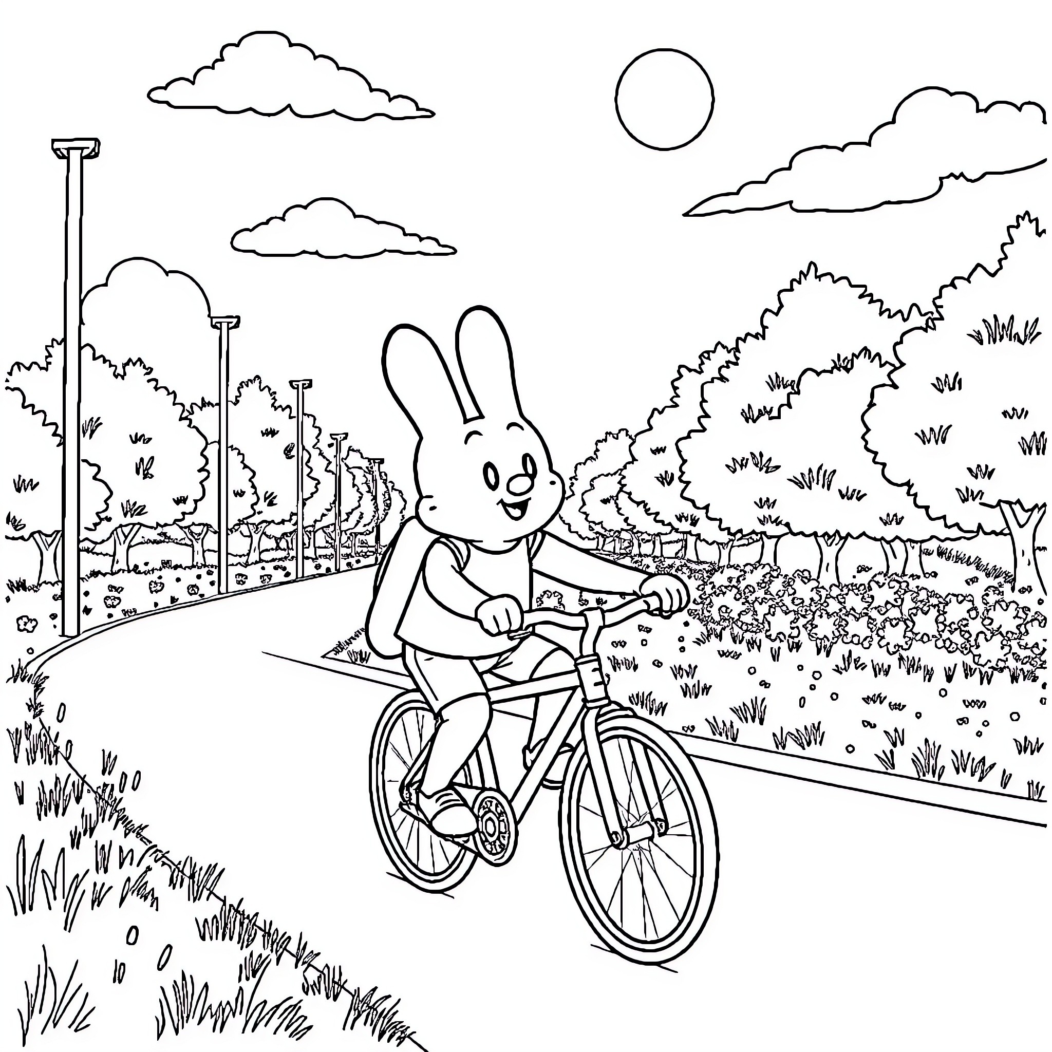 Scrooge's Joyful Bicycle Ride Through the Countryside Coloring Page (free black-and-white line drawing printable PDF for all, from beginners to advanced learners, including children, teens, adults, and seniors)