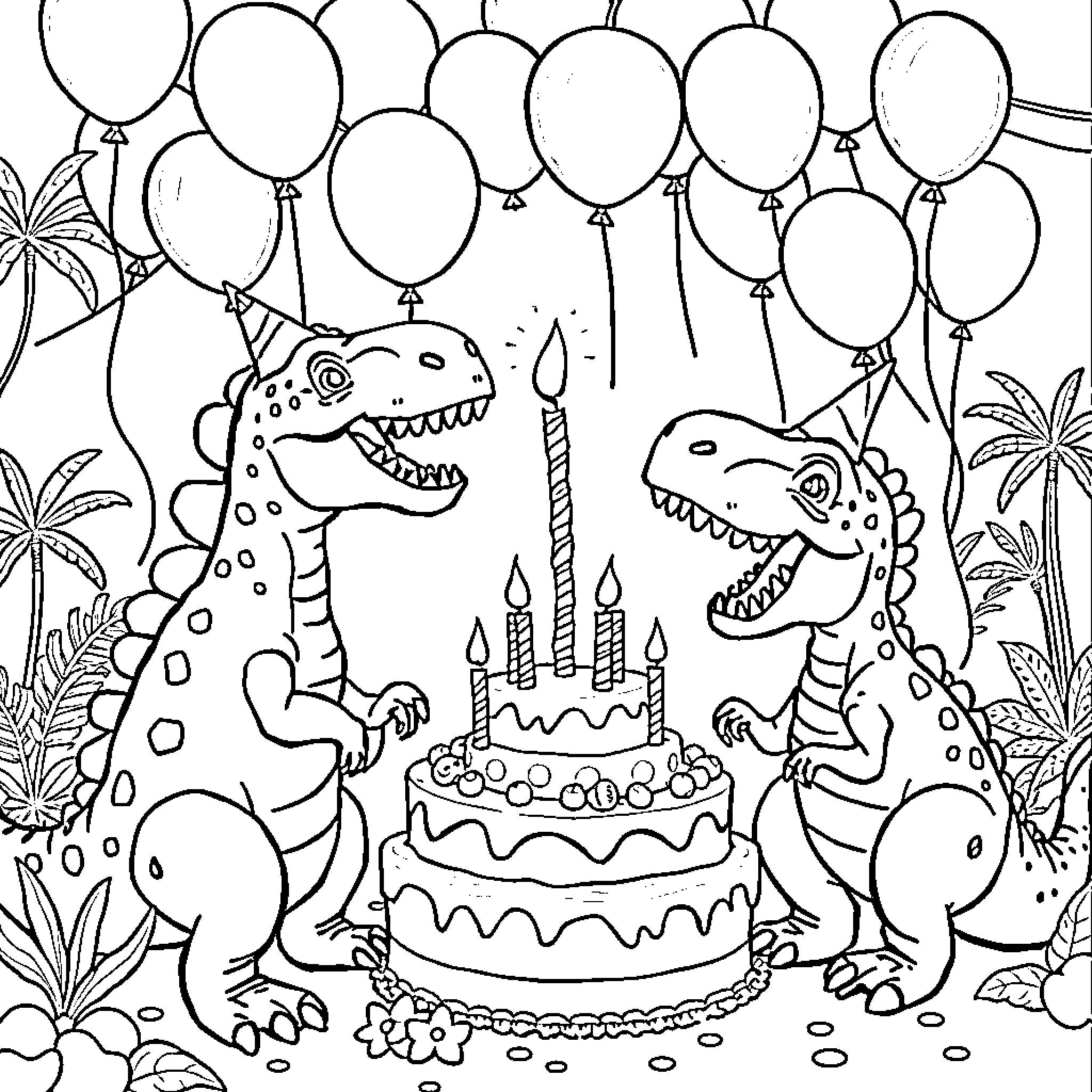 Dinosaur birthday party with balloons and cake Coloring Page (free black-and-white line drawing printable PDF for all, from beginners to advanced learners, including children, teens, adults, and seniors)