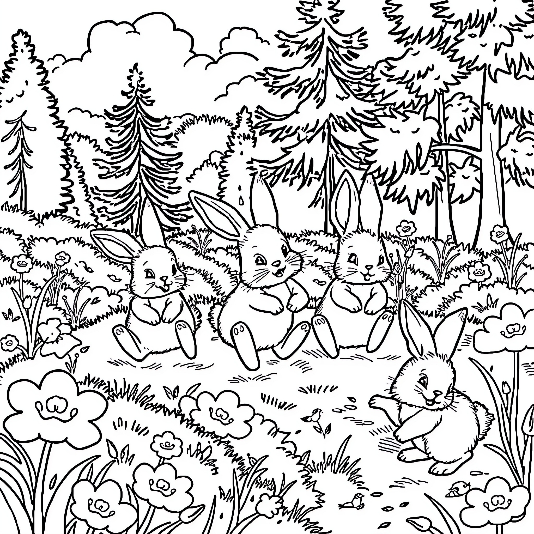 Rabbits frolicking in a whimsical forest landscape Coloring Page (free black-and-white line drawing printable PDF for all, from beginners to advanced learners, including children, teens, adults, and seniors)