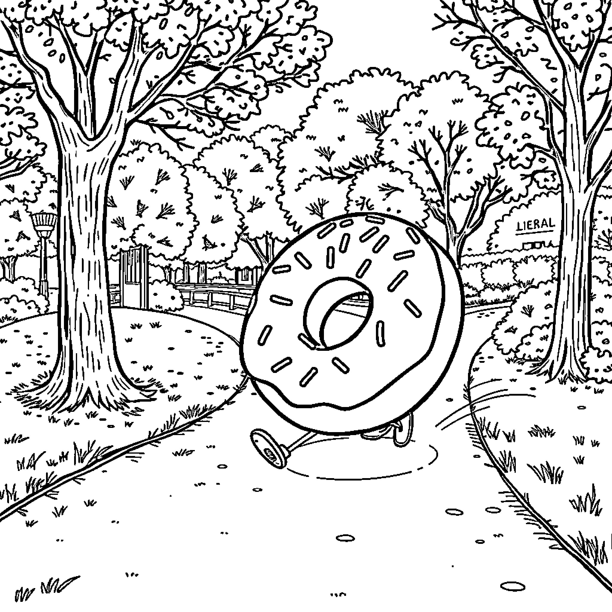 Doughnut Character Exploring the Whimsical Forest Coloring Page (free black-and-white line drawing printable PDF for all, from beginners to advanced learners, including children, teens, adults, and seniors)