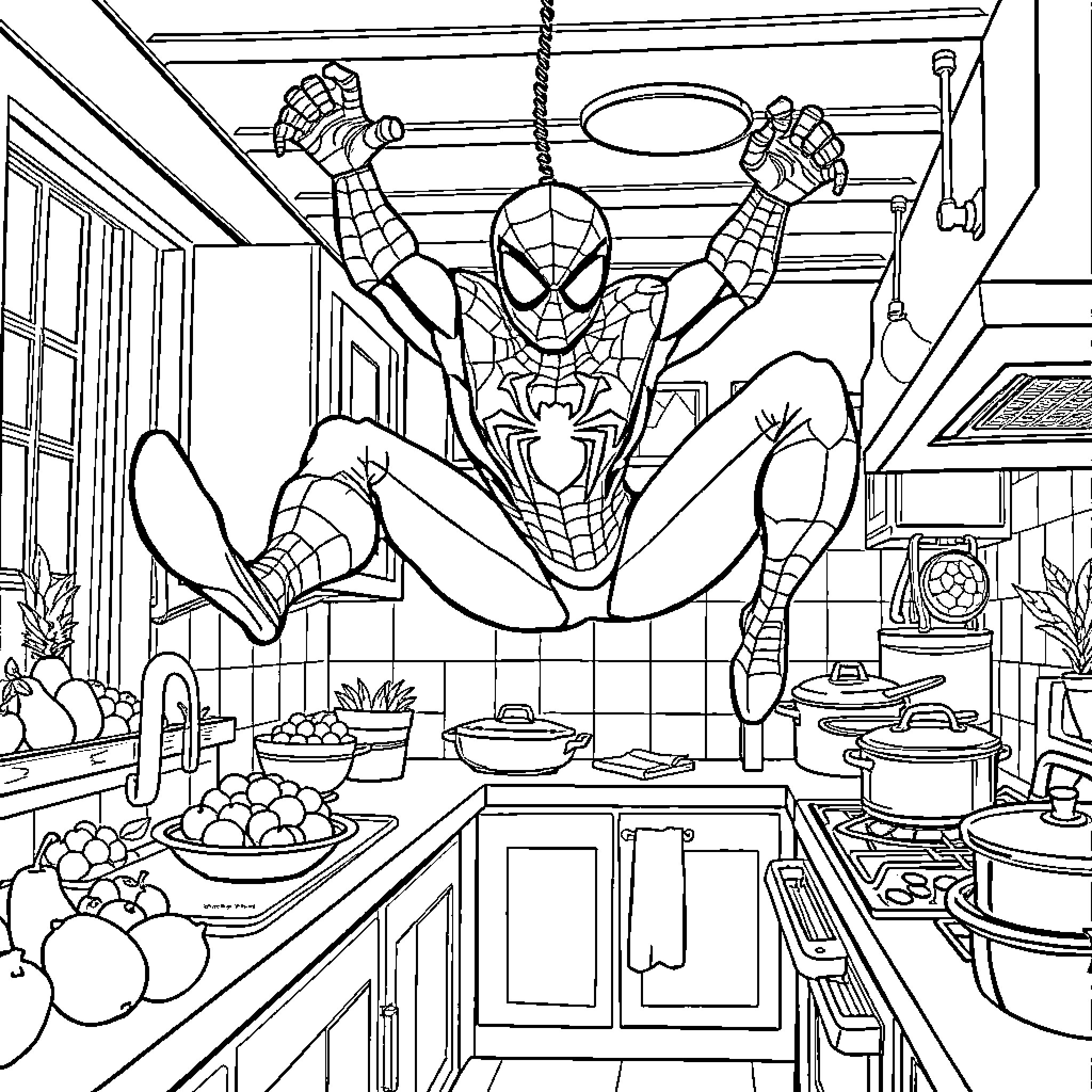 Spiderman swinging through the kitchen Coloring Page (free black-and-white line drawing printable PDF for all, from beginners to advanced learners, including children, teens, adults, and seniors)