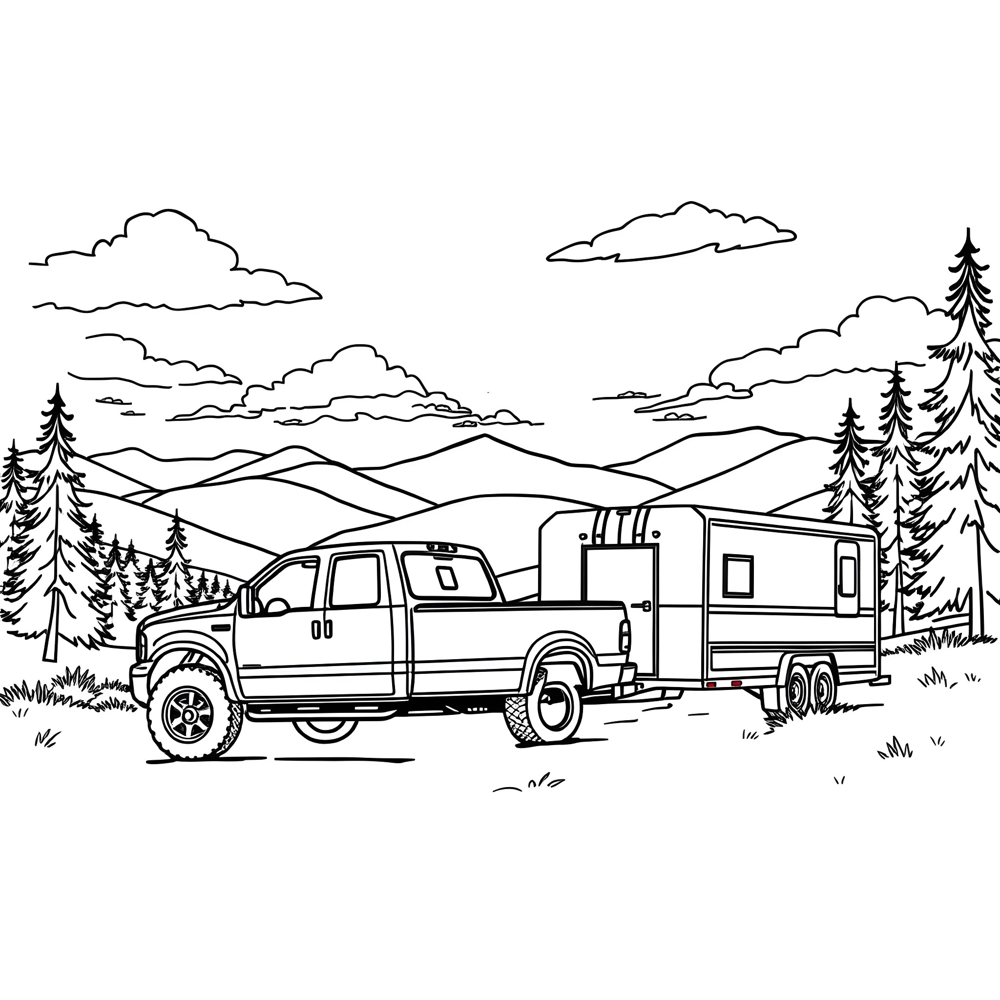 Pickup Truck Towing Camper Trailer in Scenic Landscape Coloring Page (free black-and-white line drawing printable PDF for all, from beginners to advanced learners, including children, teens, adults, and seniors)