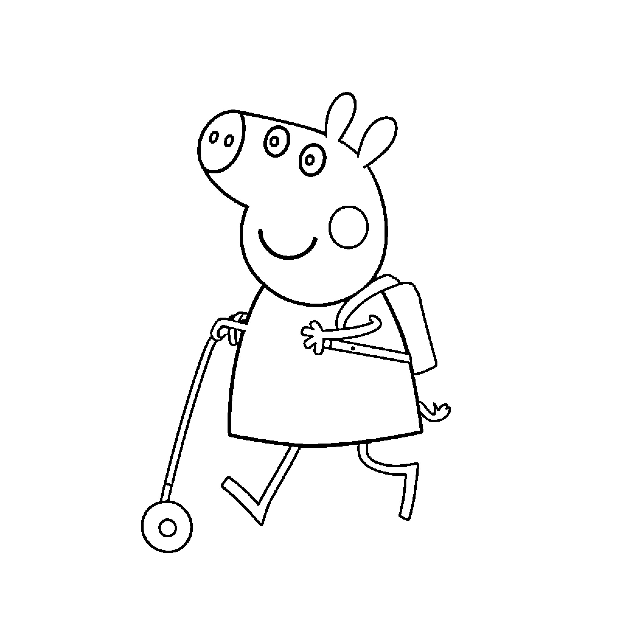 Peppa Pig riding a scooter happily Coloring Page (free black-and-white line drawing printable PDF for all, from beginners to advanced learners, including children, teens, adults, and seniors)