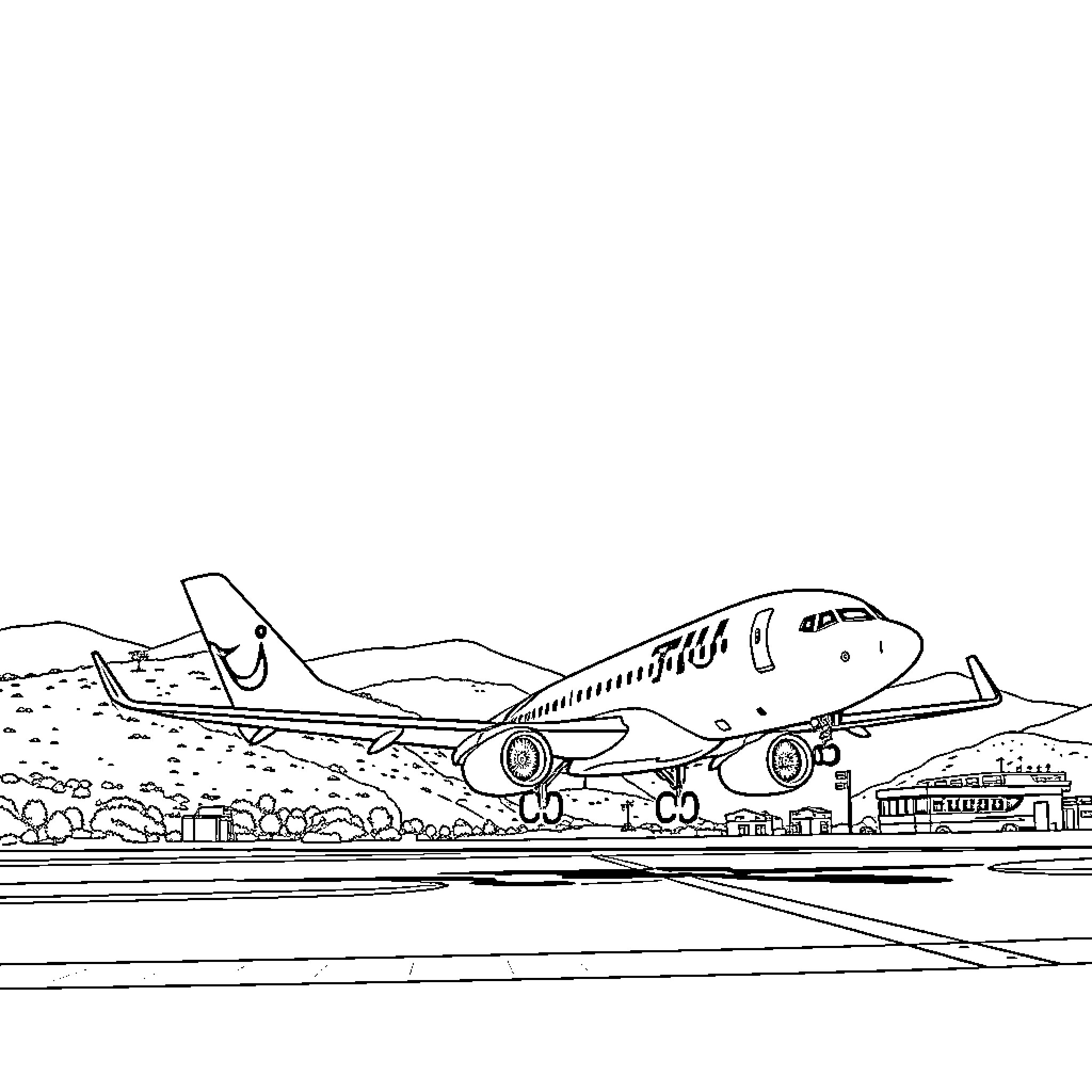 Boeing 737 taking off from the airport runway Coloring Page (free black-and-white line drawing printable PDF for all, from beginners to advanced learners, including children, teens, adults, and seniors)