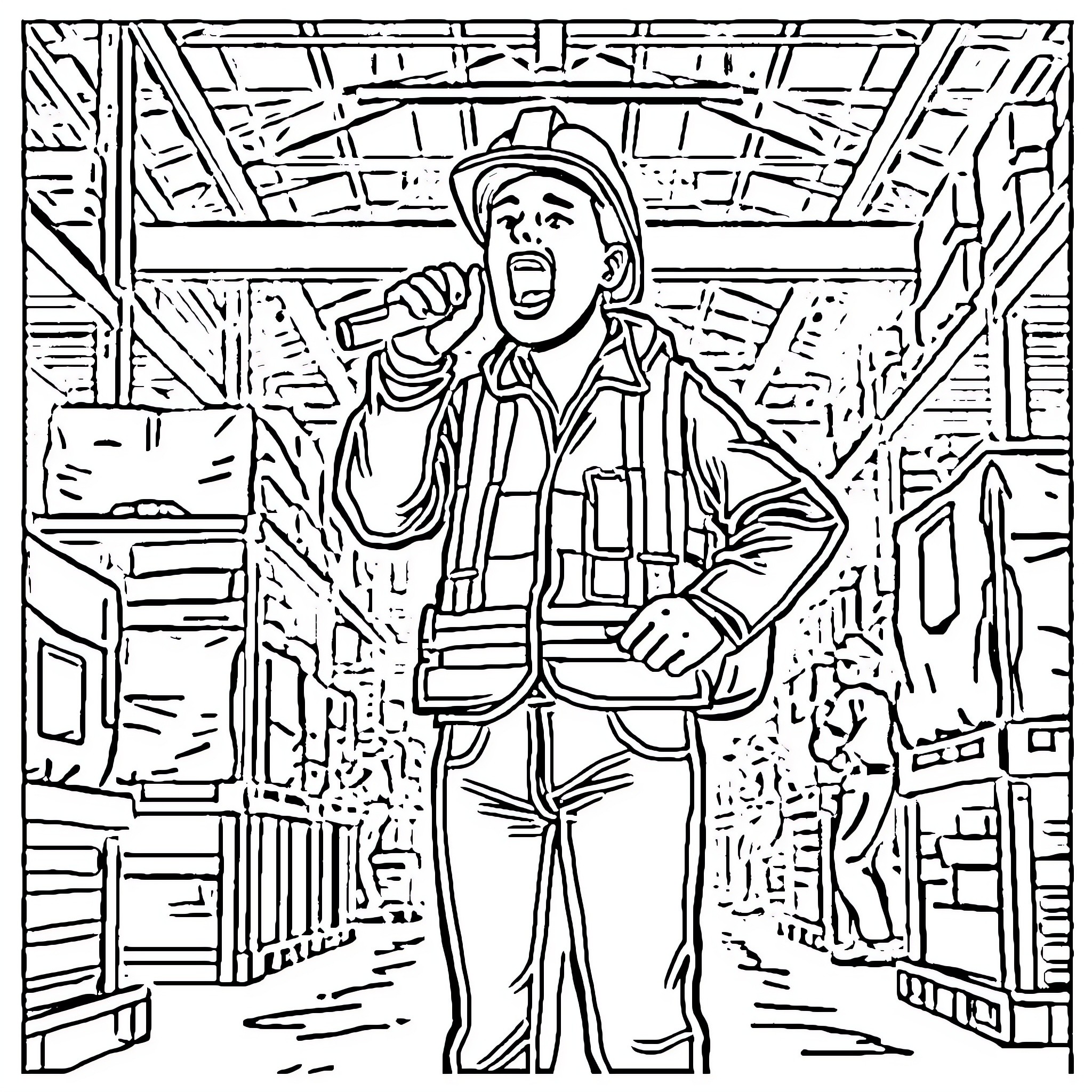 Safety Person Shouting Urgently in Factory Workspace Coloring Page (free black-and-white line drawing printable PDF for all, from beginners to advanced learners, including children, teens, adults, and seniors)