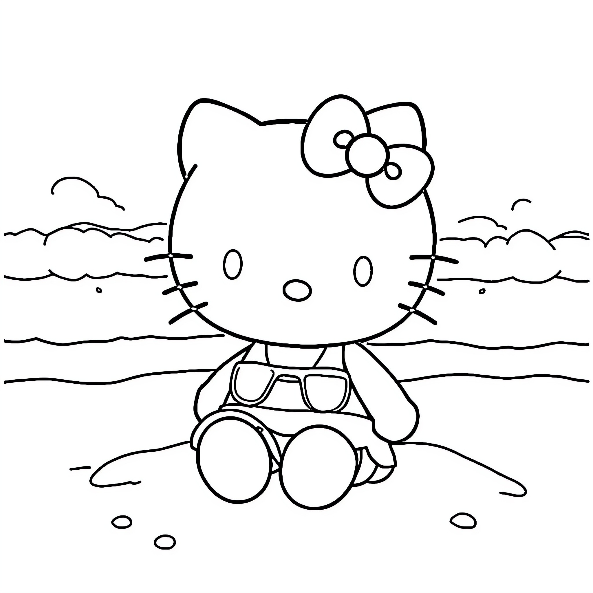 Hello Kitty relaxing on the beach Coloring Page (free black-and-white line drawing printable PDF for all, from beginners to advanced learners, including children, teens, adults, and seniors)