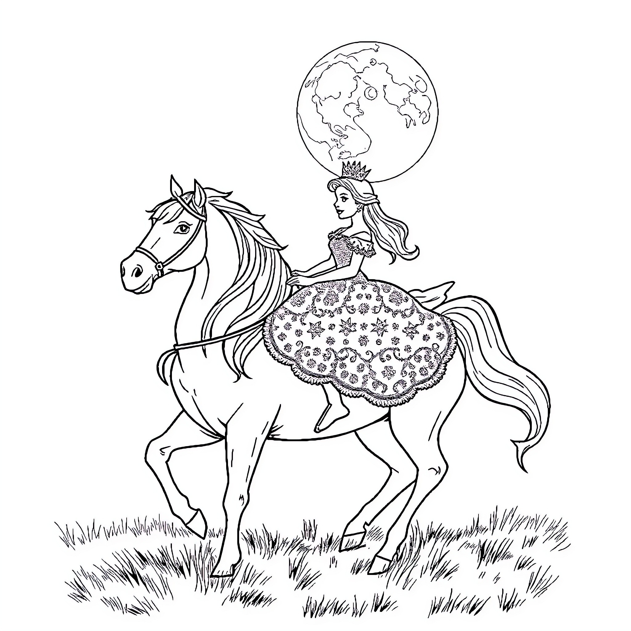 Princess Riding Majestic Horse under the Moon Coloring Page (free black-and-white line drawing printable PDF for all, from beginners to advanced learners, including children, teens, adults, and seniors)