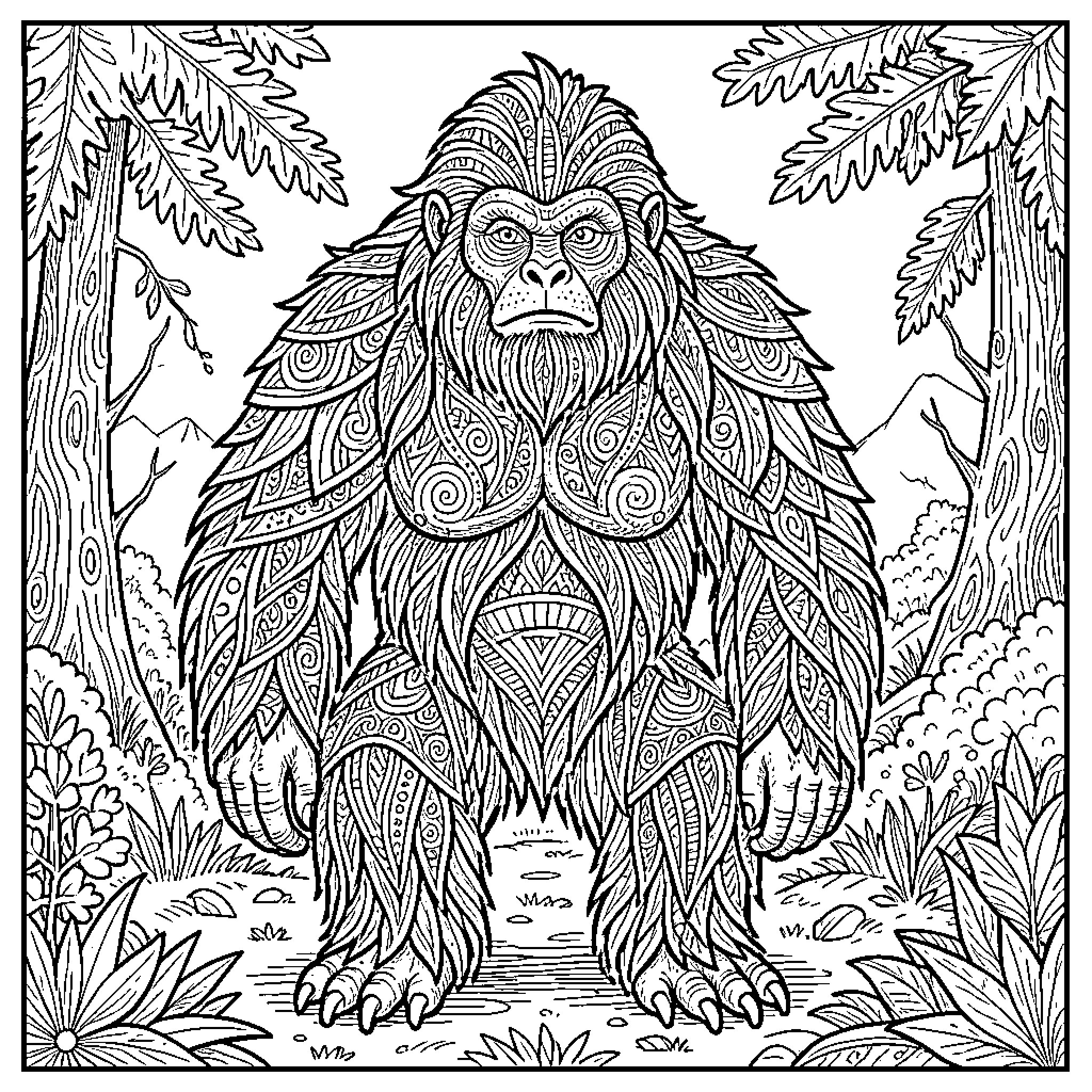 Sasquatch mystical creature in the forest Coloring Page (free black-and-white line drawing printable PDF for all, from beginners to advanced learners, including children, teens, adults, and seniors)
