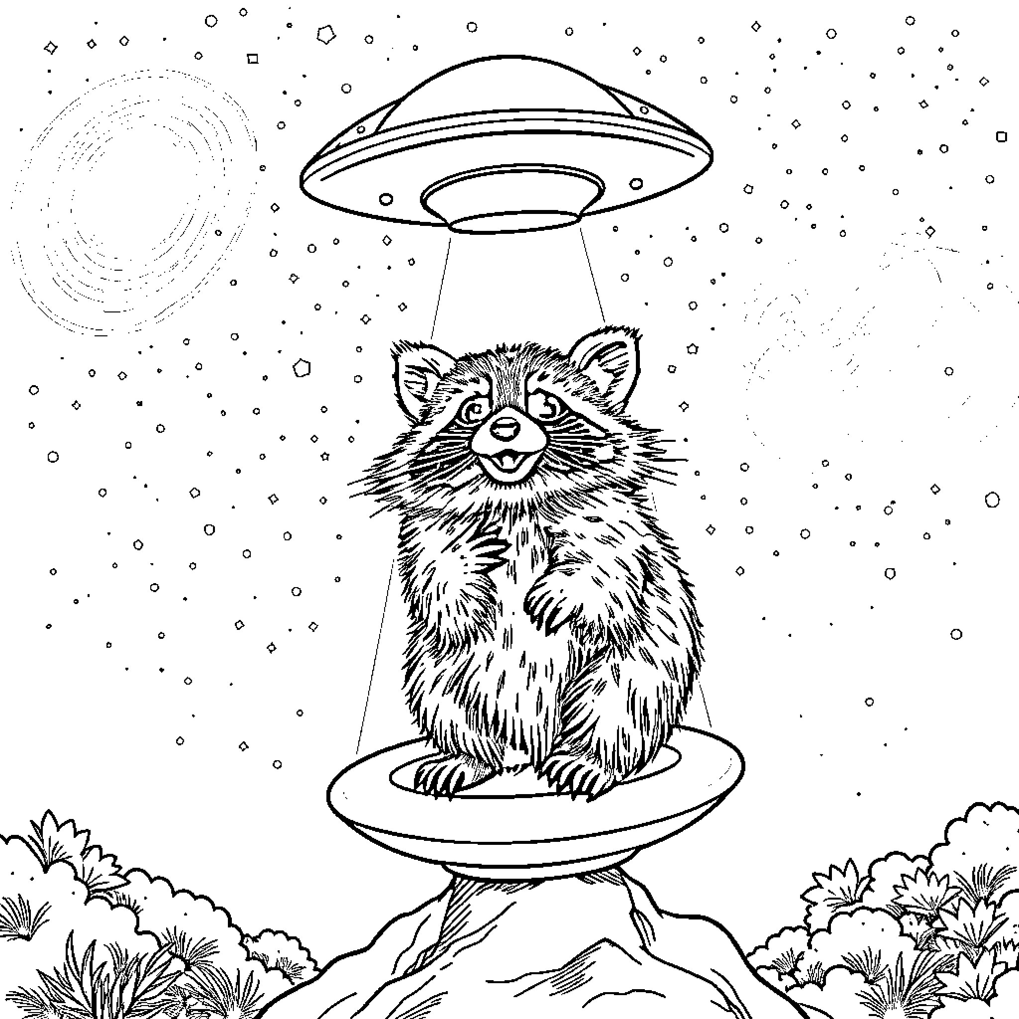 Raccoon abducted by UFO in night sky Coloring Page (free black-and-white line drawing printable PDF for all, from beginners to advanced learners, including children, teens, adults, and seniors)