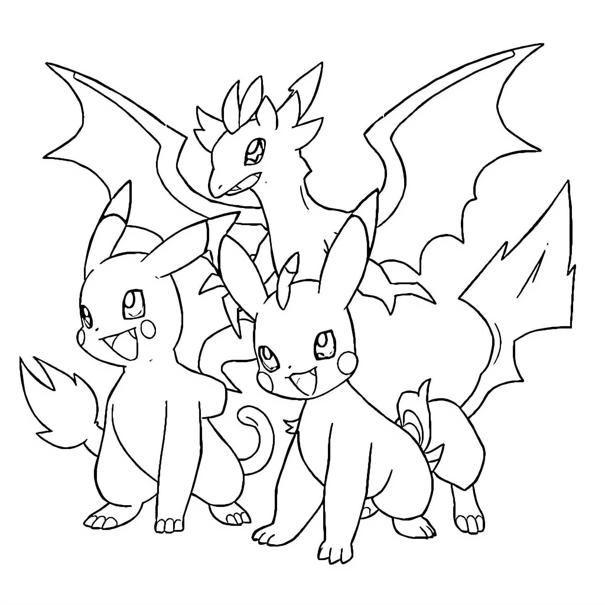Pokémon characters in action poses Coloring Page (free black-and-white line drawing printable PDF for all, from beginners to advanced learners, including children, teens, adults, and seniors)
