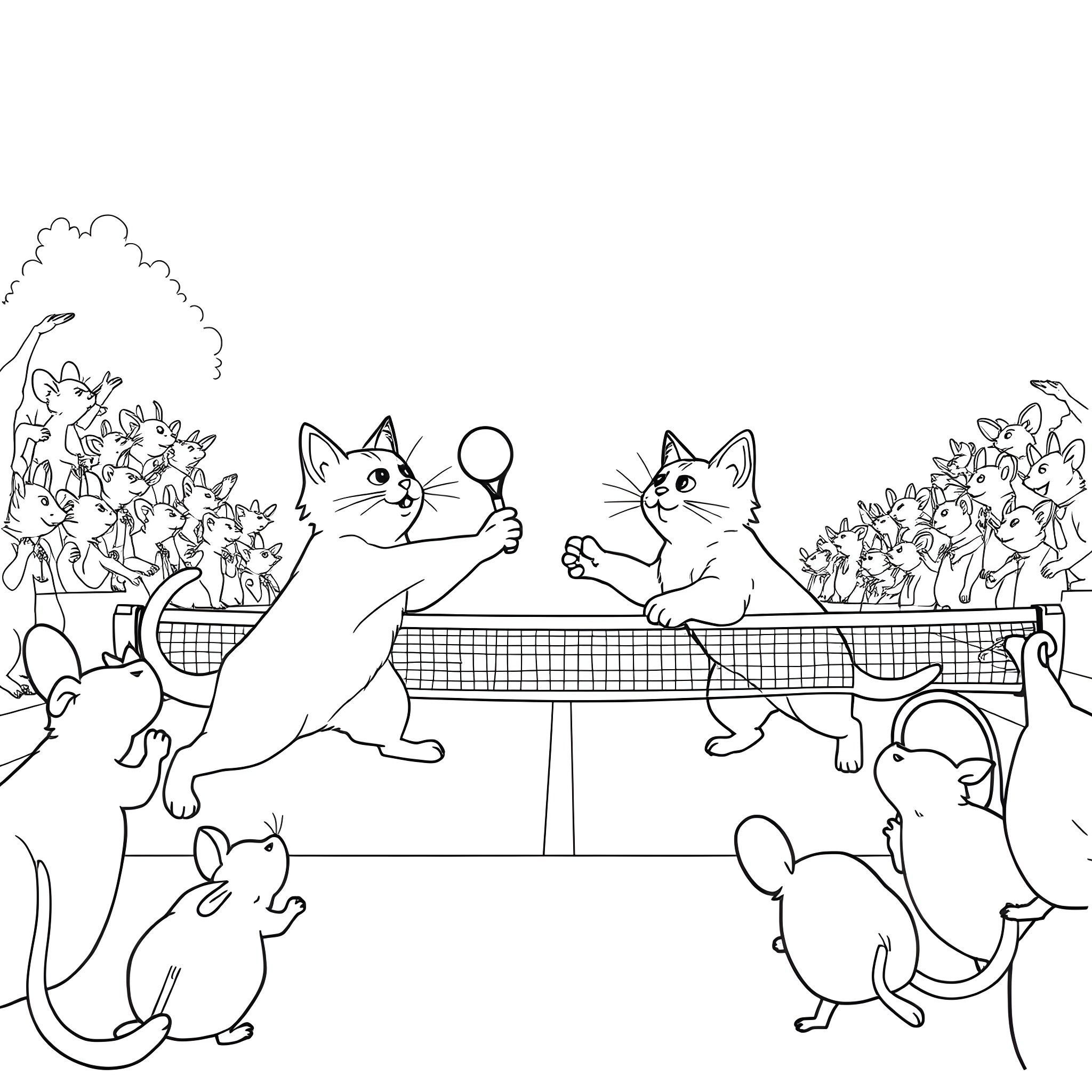 Cats playing tennis in a lively scene Coloring Page (free black-and-white line drawing printable PDF for all, from beginners to advanced learners, including children, teens, adults, and seniors)