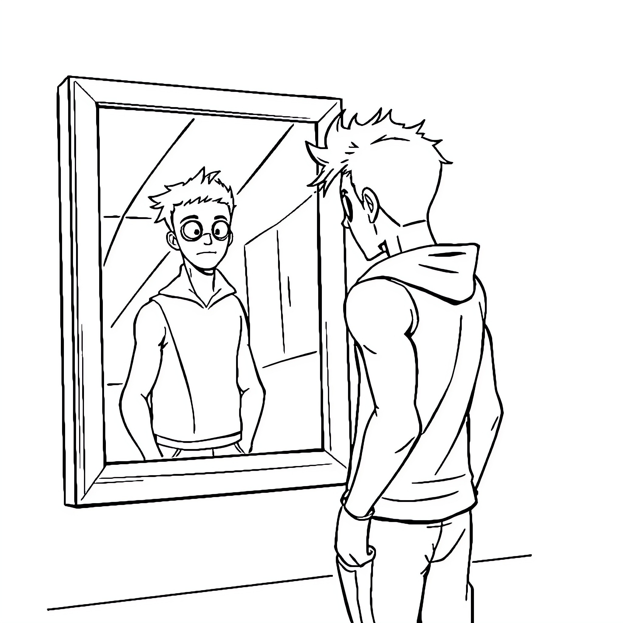 Miles Morales gazing at his reflection Coloring Page (free black-and-white line drawing printable PDF for all, from beginners to advanced learners, including children, teens, adults, and seniors)