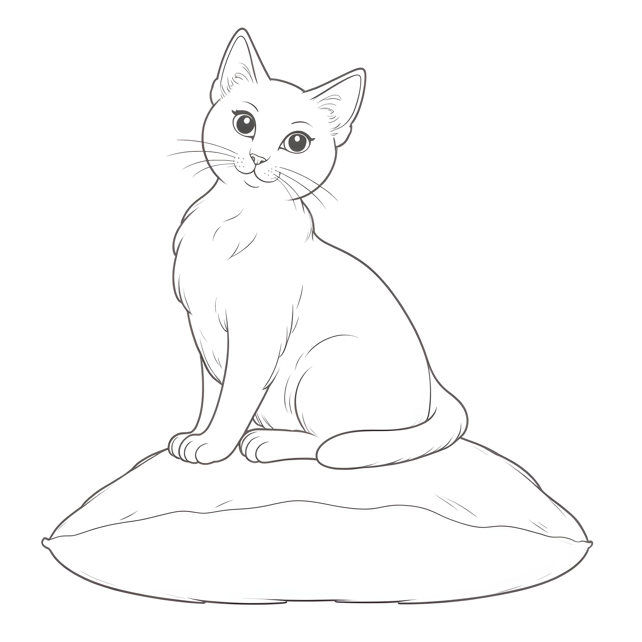 Cat sitting calmly on a pillow Coloring Page (free black-and-white line drawing printable PDF for all, from beginners to advanced learners, including children, teens, adults, and seniors)