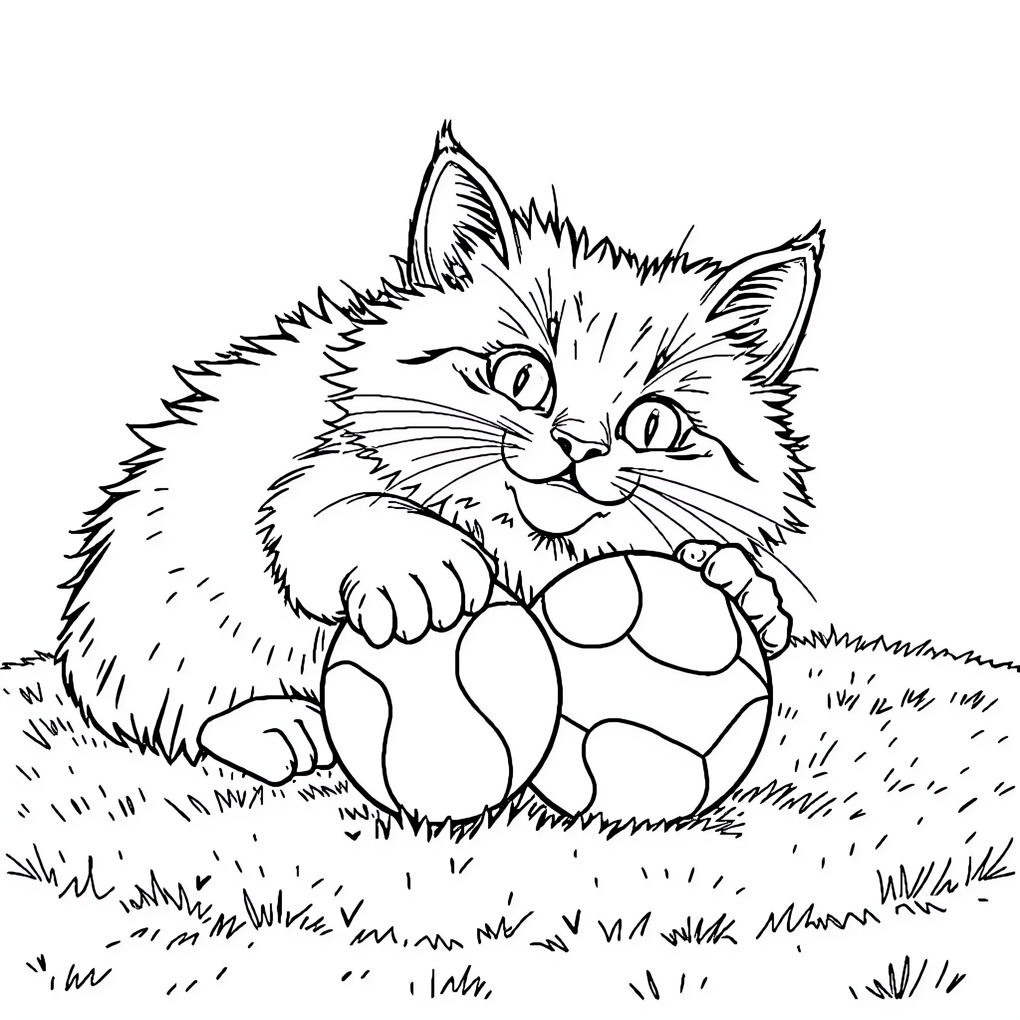 Cat playing with a ball on the grass Coloring Page (free black-and-white line drawing printable PDF for all, from beginners to advanced learners, including children, teens, adults, and seniors)