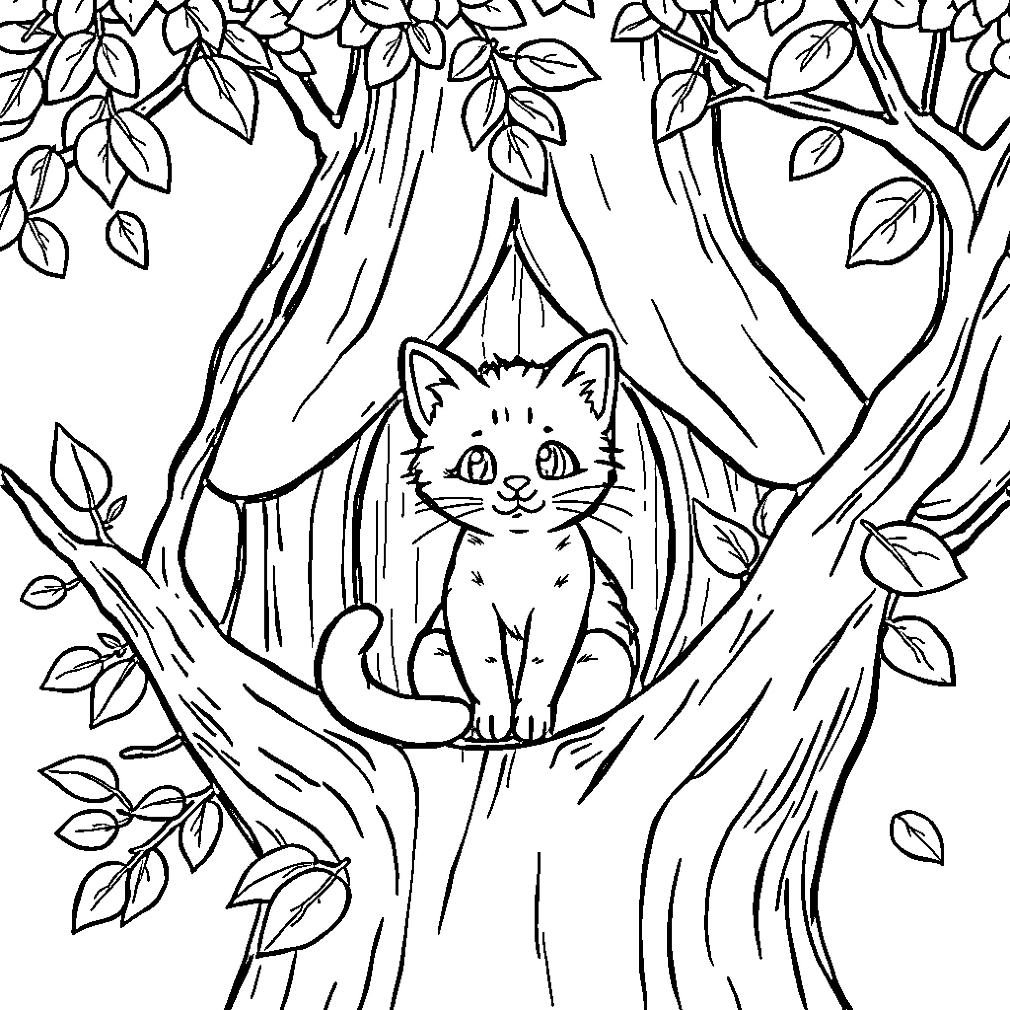 Cat sitting in tree hollow surrounded by leaves Coloring Page (free black-and-white line drawing printable PDF for all, from beginners to advanced learners, including children, teens, adults, and seniors)