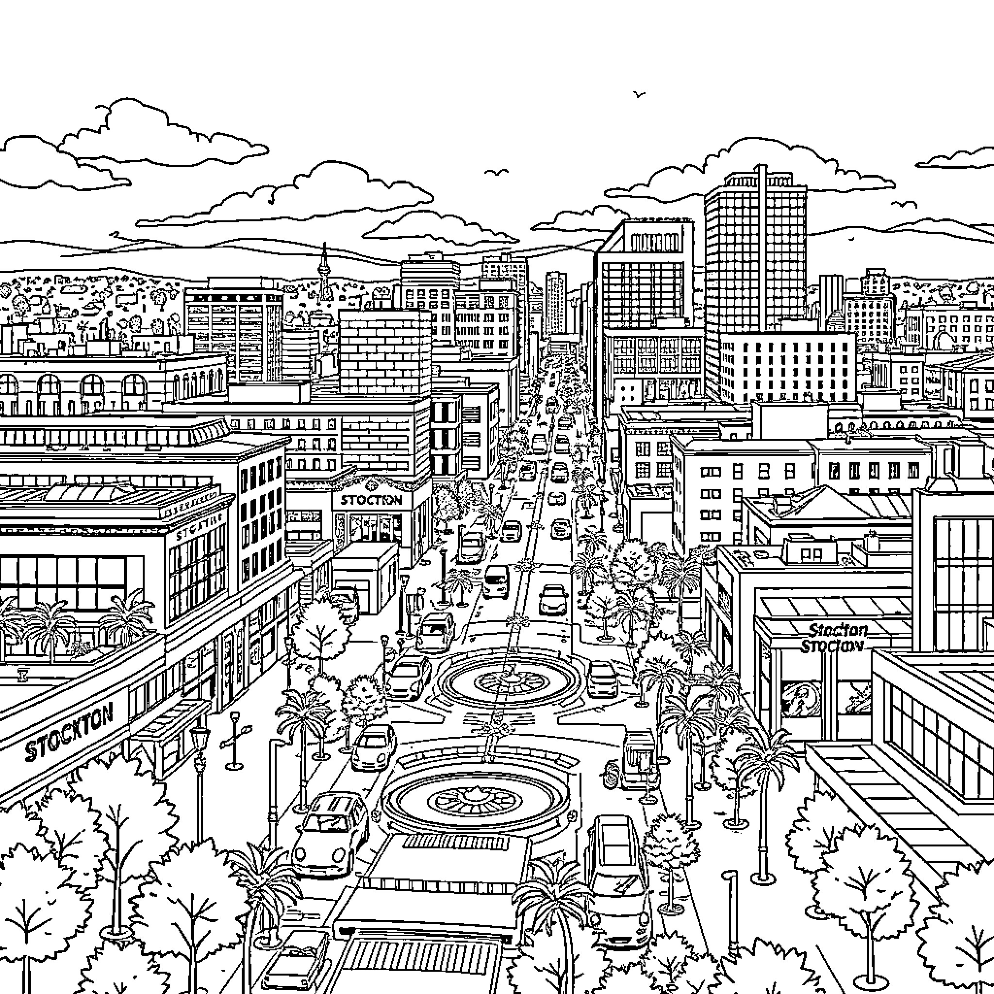 Stockton cityscape with bustling streets and skyscrapers Coloring Page (free black-and-white line drawing printable PDF for all, from beginners to advanced learners, including children, teens, adults, and seniors)