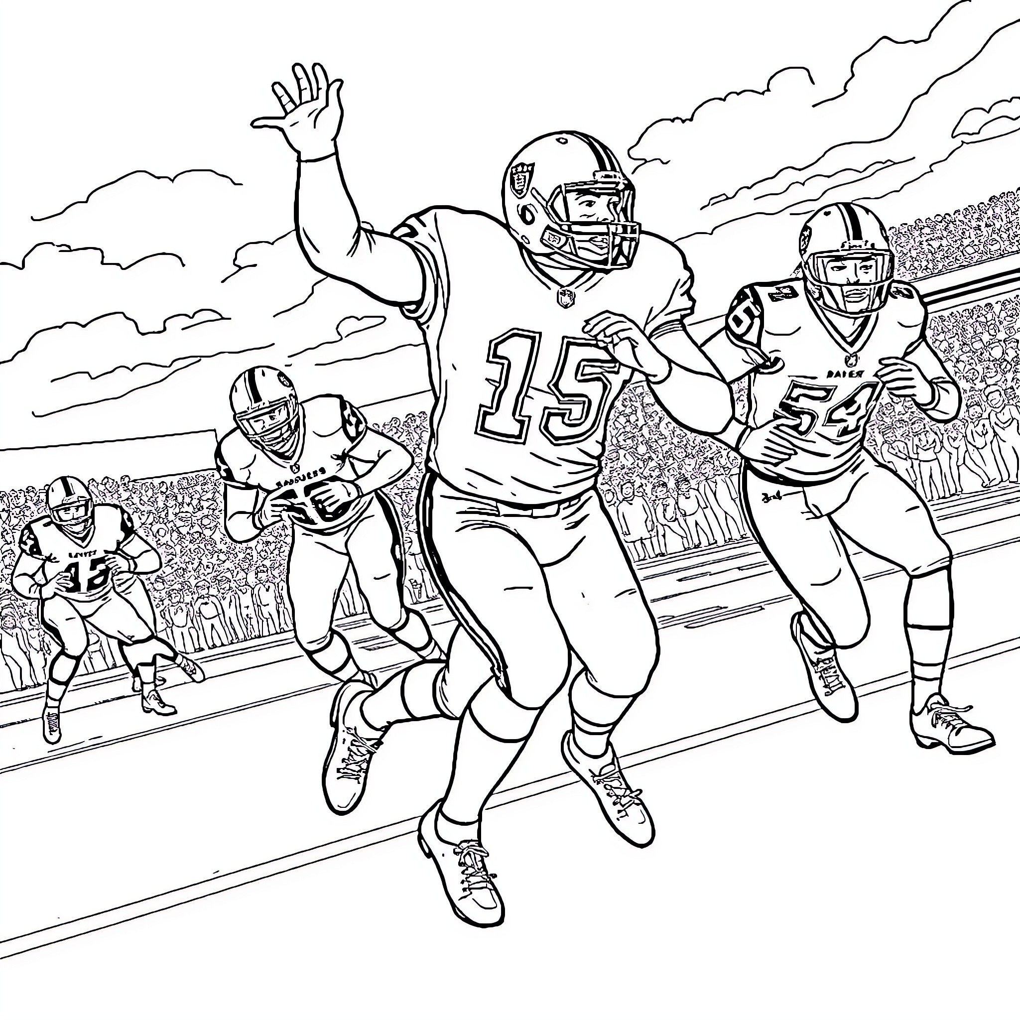 Raiders' Gridiron Glory: Players in Action Coloring Page (free black-and-white line drawing printable PDF for all, from beginners to advanced learners, including children, teens, adults, and seniors)