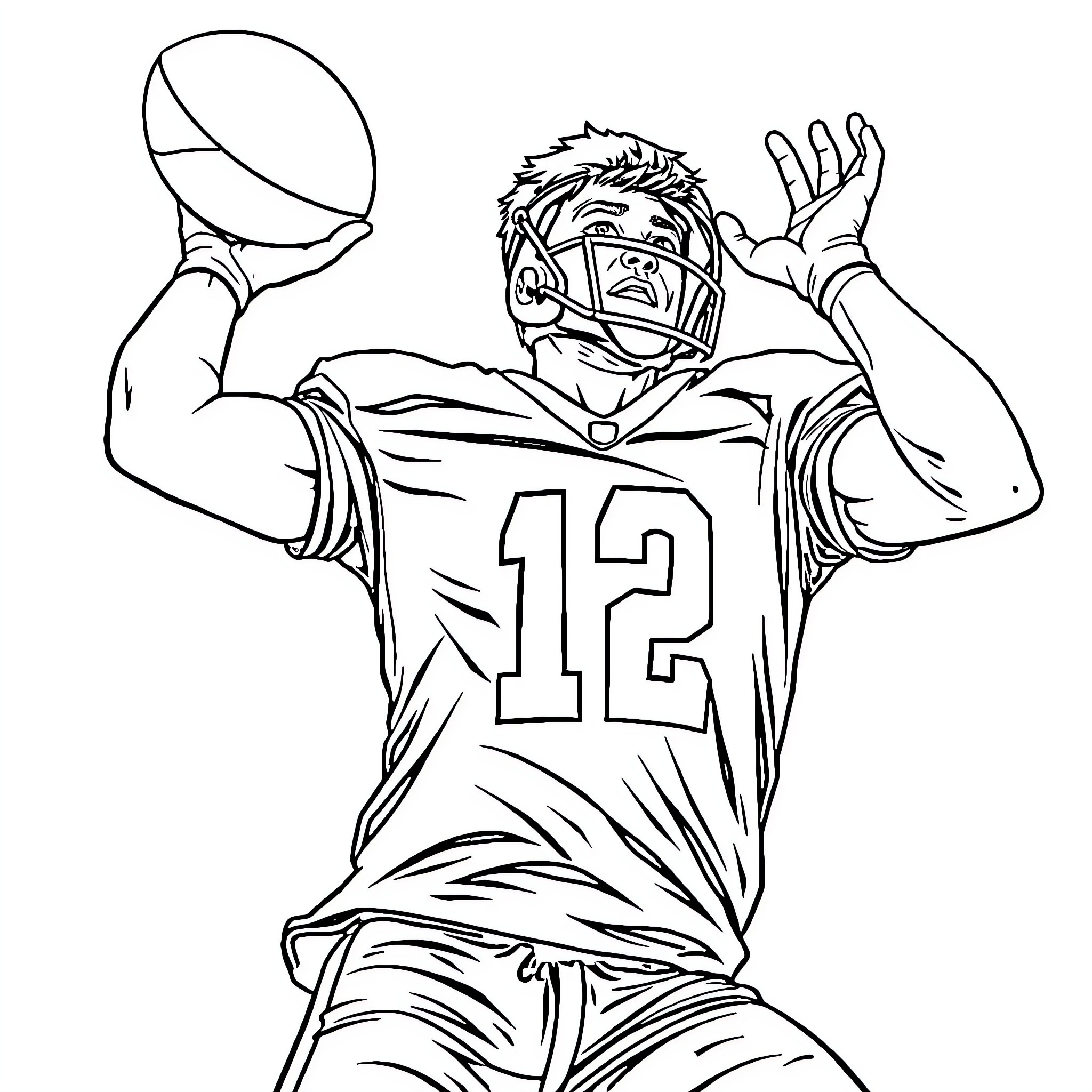 Man in football uniform catching ball Coloring Page (free black-and-white line drawing printable PDF for all, from beginners to advanced learners, including children, teens, adults, and seniors)