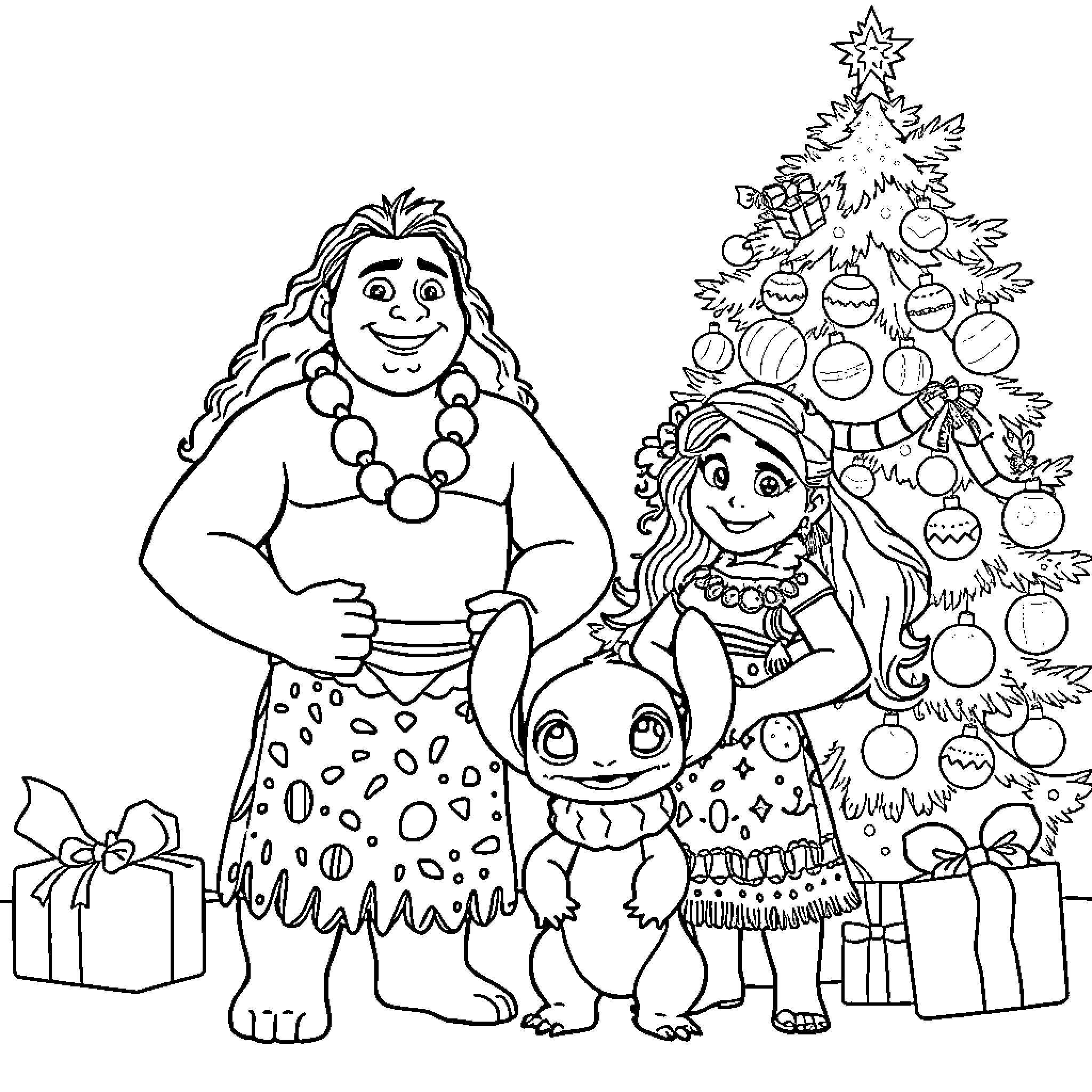 Moana and her friends celebrating Christmas Coloring Page (free black-and-white line drawing printable PDF for all, from beginners to advanced learners, including children, teens, adults, and seniors)