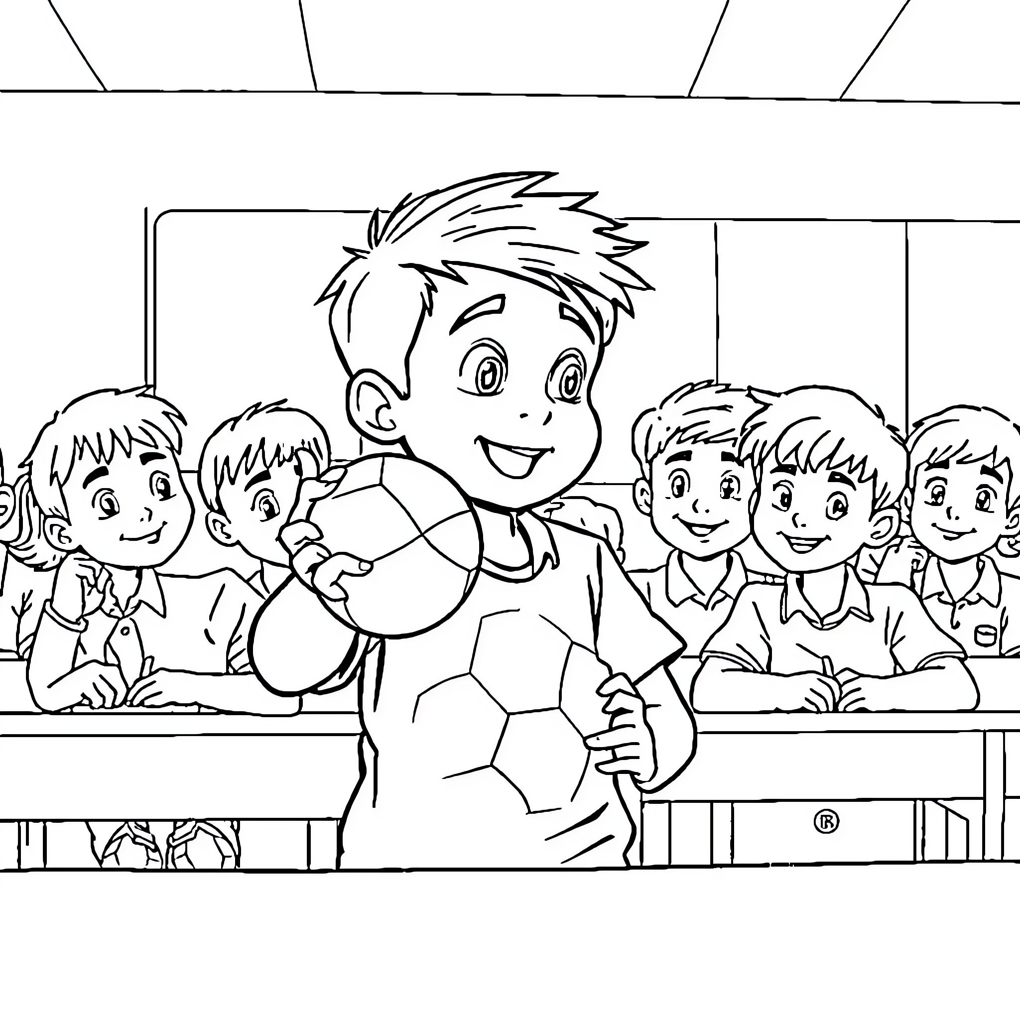 Niño with friends sharing a joyful moment in classroom Coloring Page (free black-and-white line drawing printable PDF for all, from beginners to advanced learners, including children, teens, adults, and seniors)