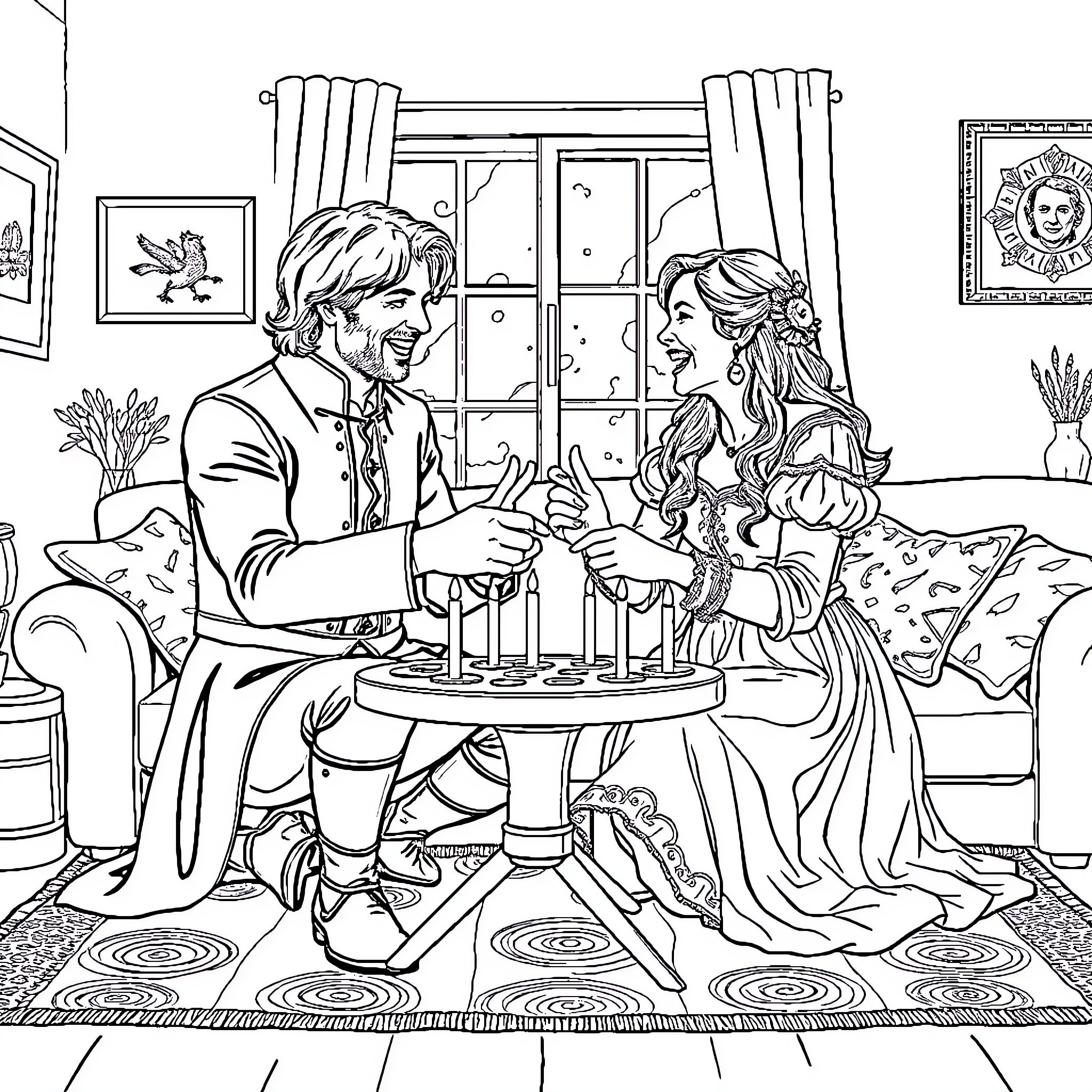 Jamie and Claire celebrating by the fireplace Coloring Page (free black-and-white line drawing printable PDF for all, from beginners to advanced learners, including children, teens, adults, and seniors)