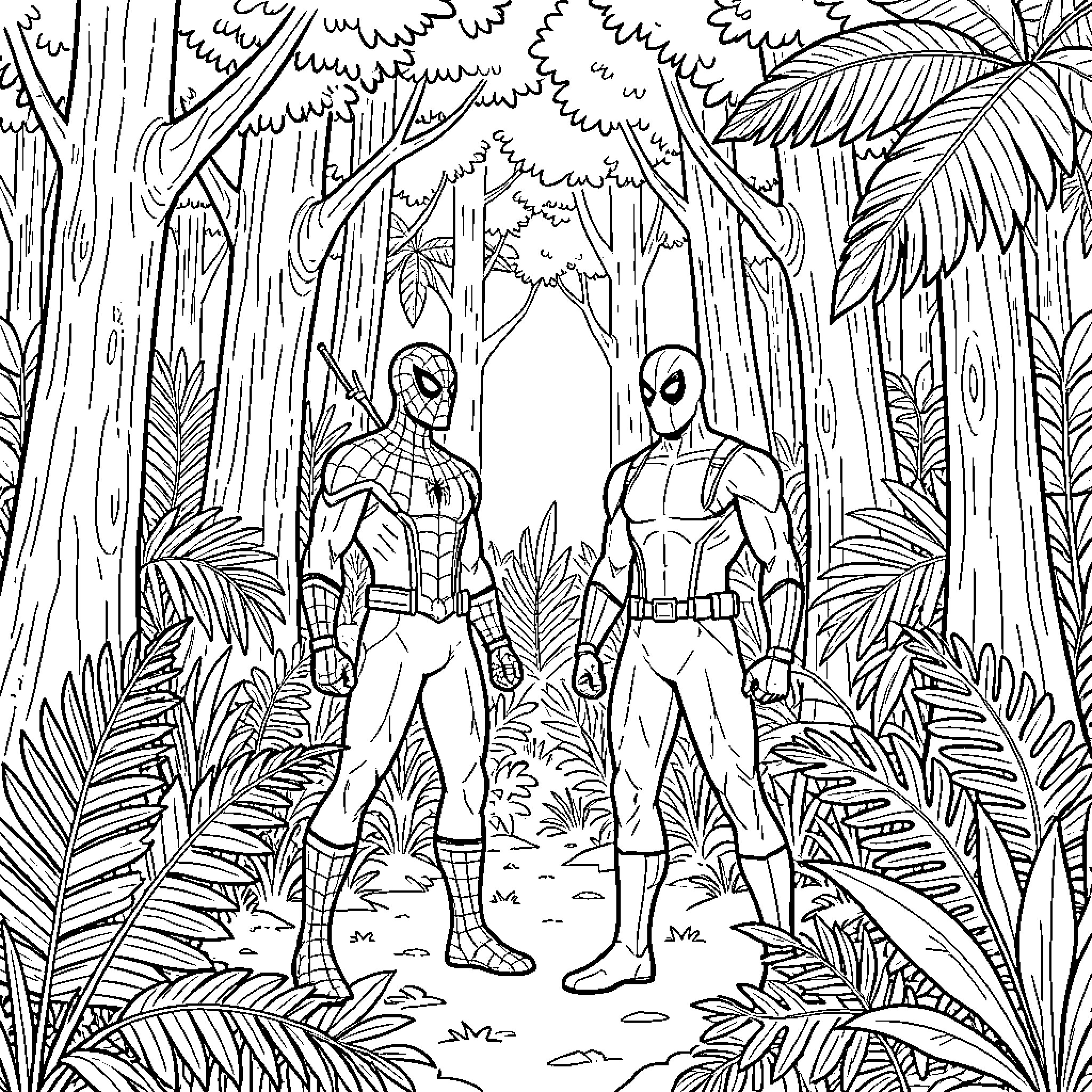 Spiderman and Deadpool standing together in a dense jungle Coloring Page (free black-and-white line drawing printable PDF for all, from beginners to advanced learners, including children, teens, adults, and seniors)