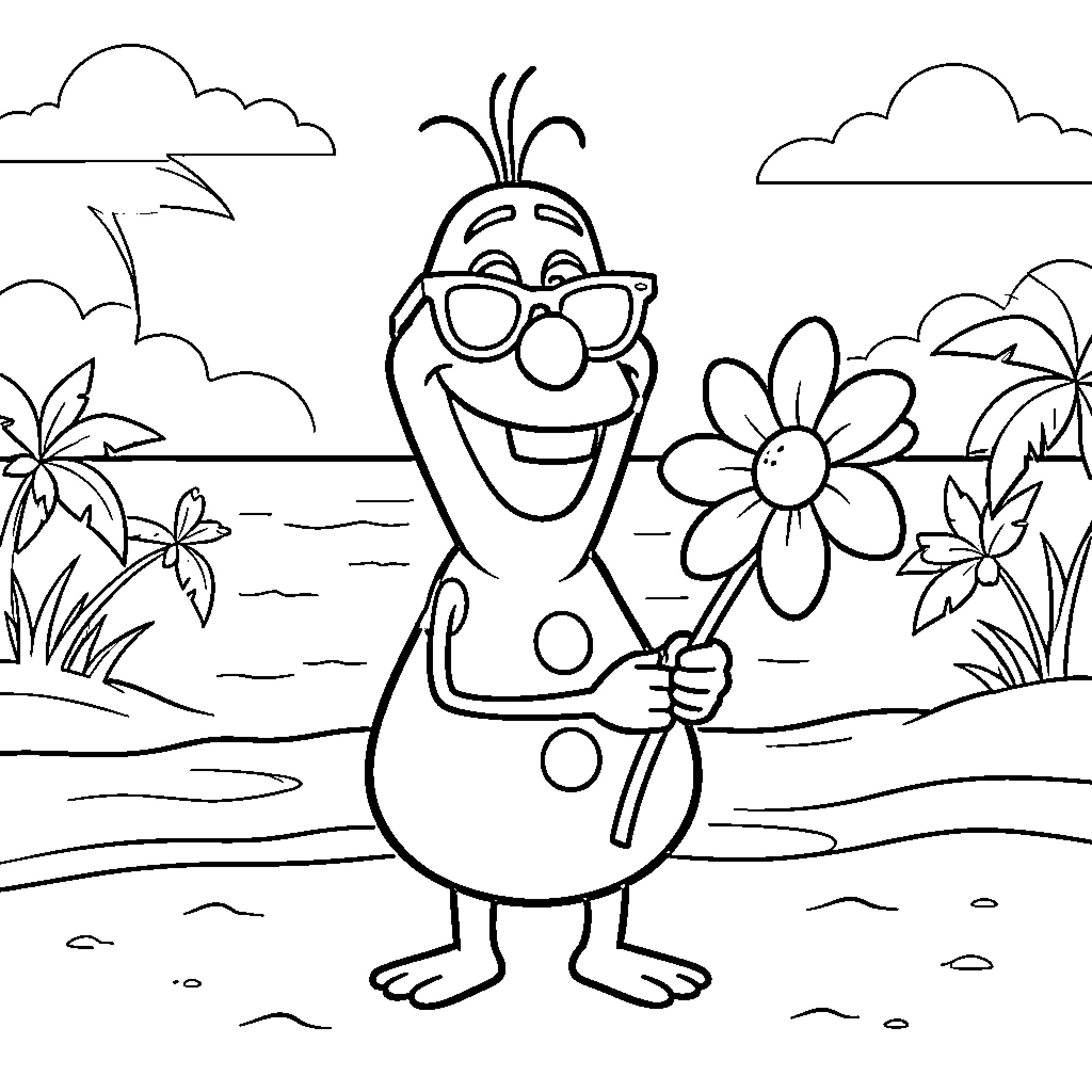 Olaf smiling and holding a large flower at the beach Coloring Page (free black-and-white line drawing printable PDF for all, from beginners to advanced learners, including children, teens, adults, and seniors)