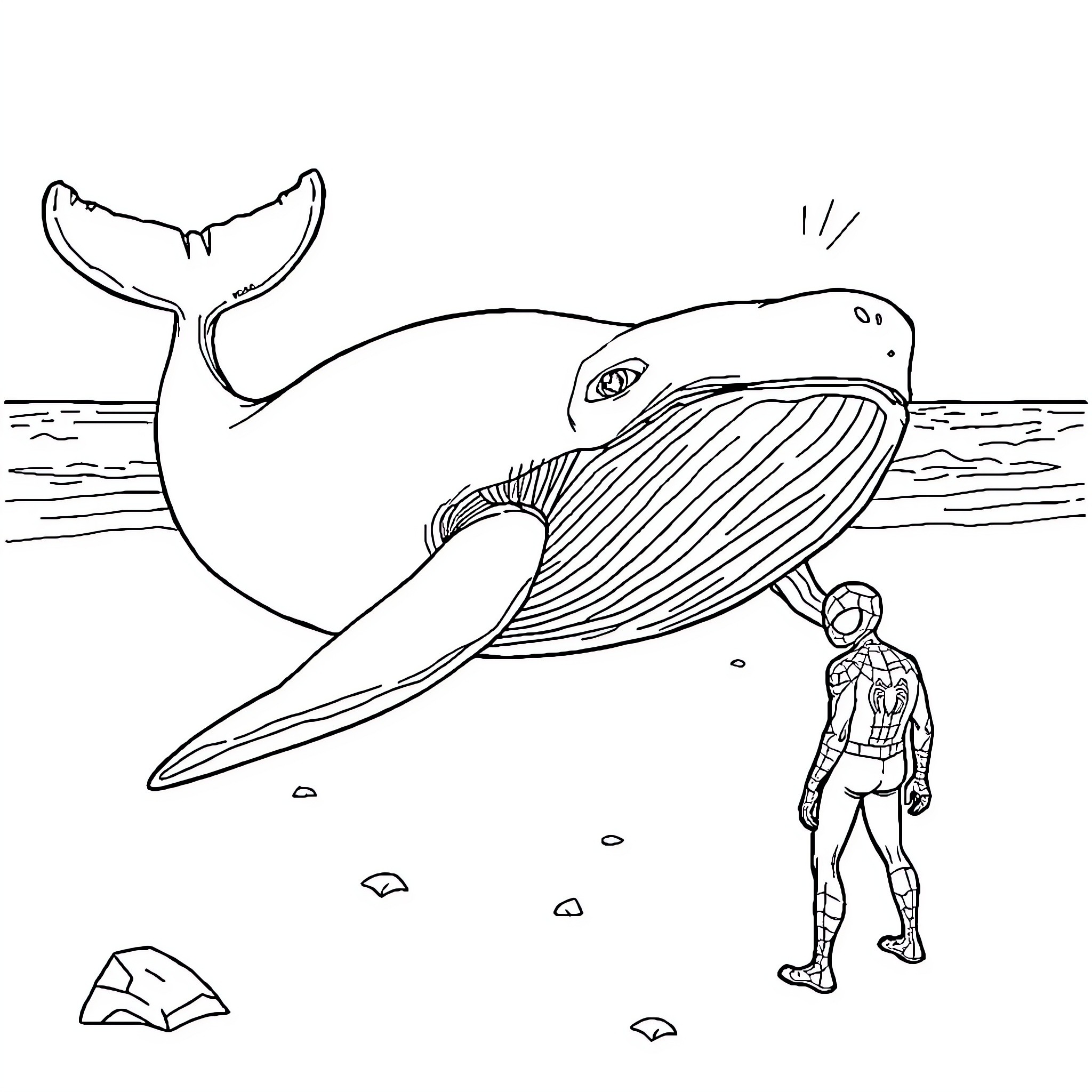 Whale leaping near human in the ocean Coloring Page (free black-and-white line drawing printable PDF for all, from beginners to advanced learners, including children, teens, adults, and seniors)
