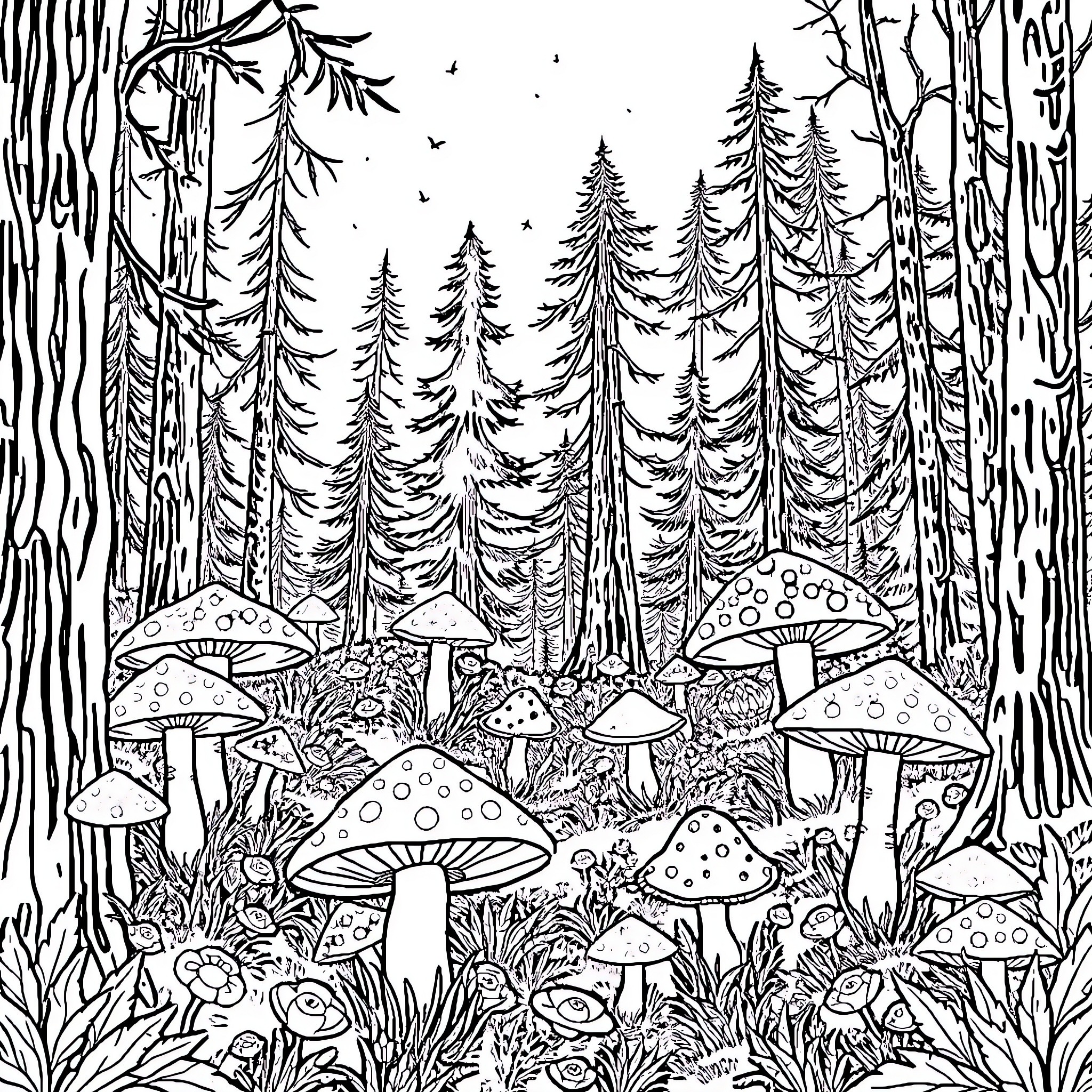 Mushroom Wonderland in the Enchanted Forest Coloring Page (free black-and-white line drawing printable PDF for all, from beginners to advanced learners, including children, teens, adults, and seniors)